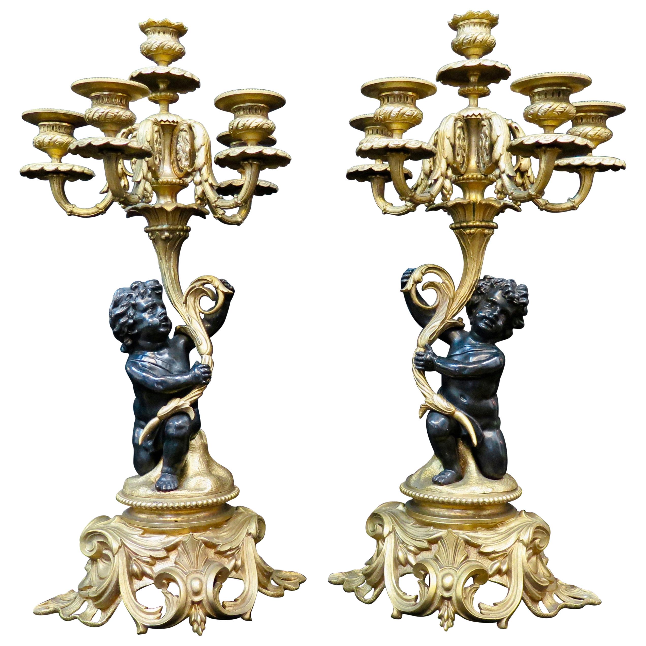 Vintage Pair of Antique Bronze Louis XV Candelabra For Sale