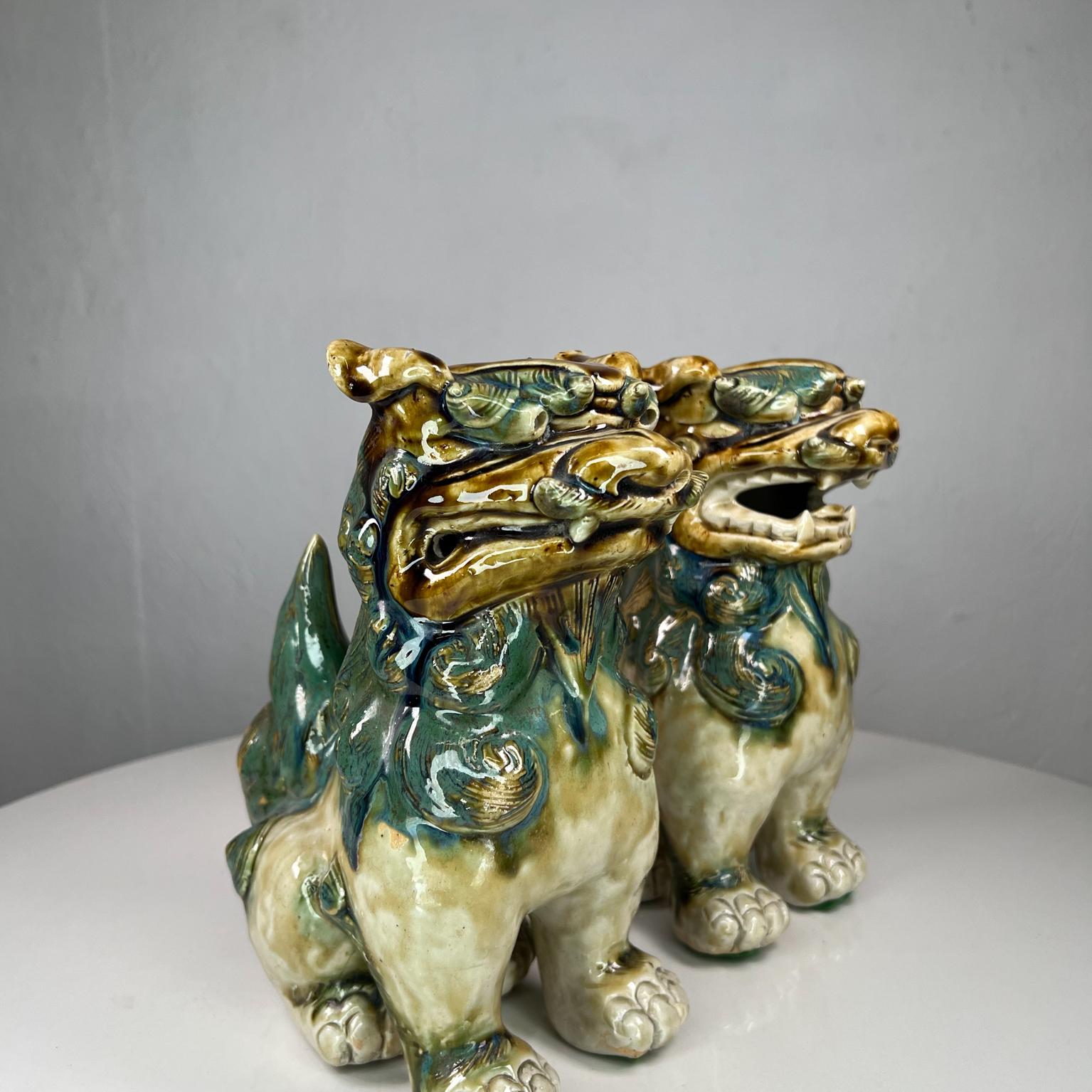 Chinese Export Vintage Pair Antique Chinese Figurines Foo Dog Sculpture Green Glaze Ceramic