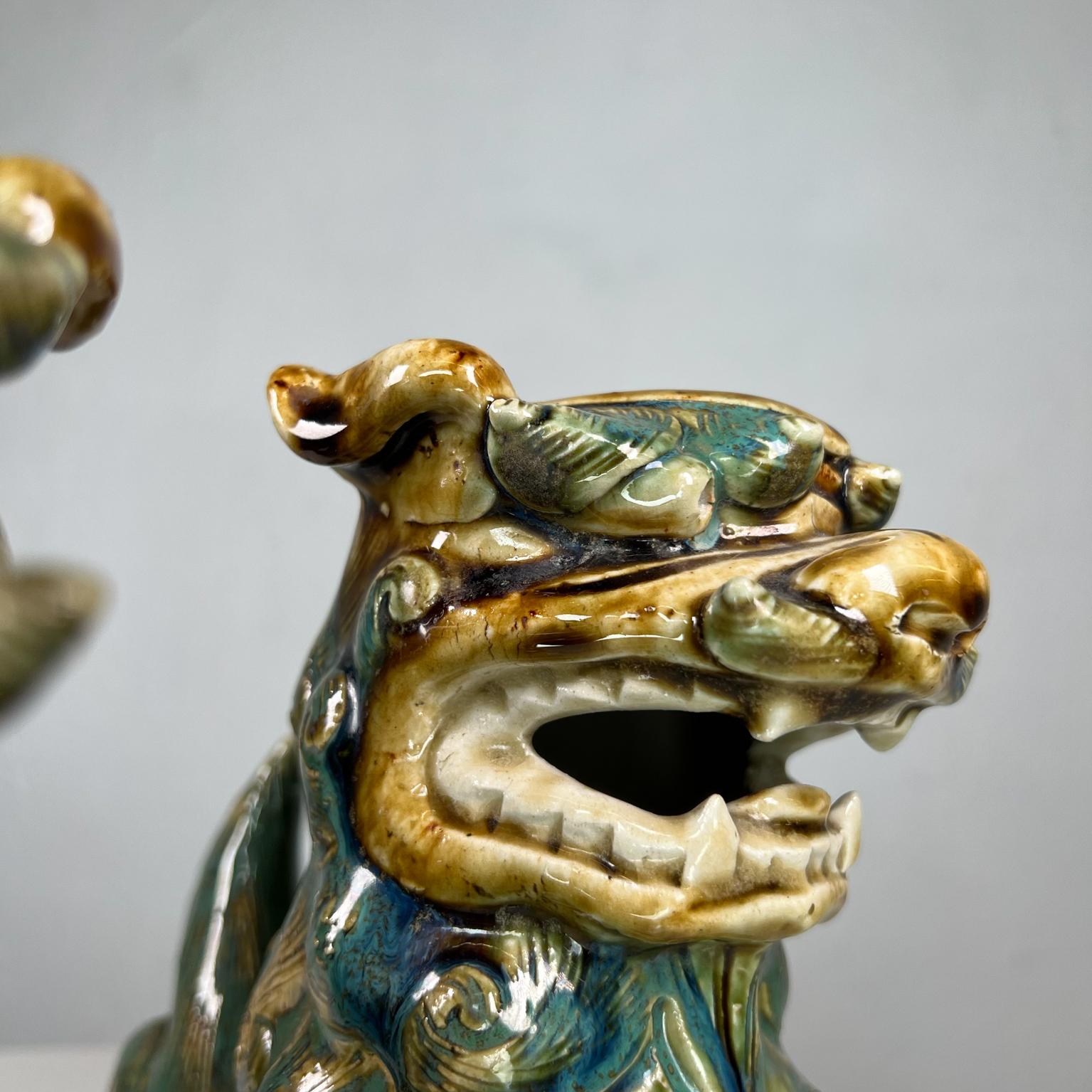 Vintage Pair Antique Chinese Figurines Foo Dog Sculpture Green Glaze Ceramic In Good Condition In Chula Vista, CA