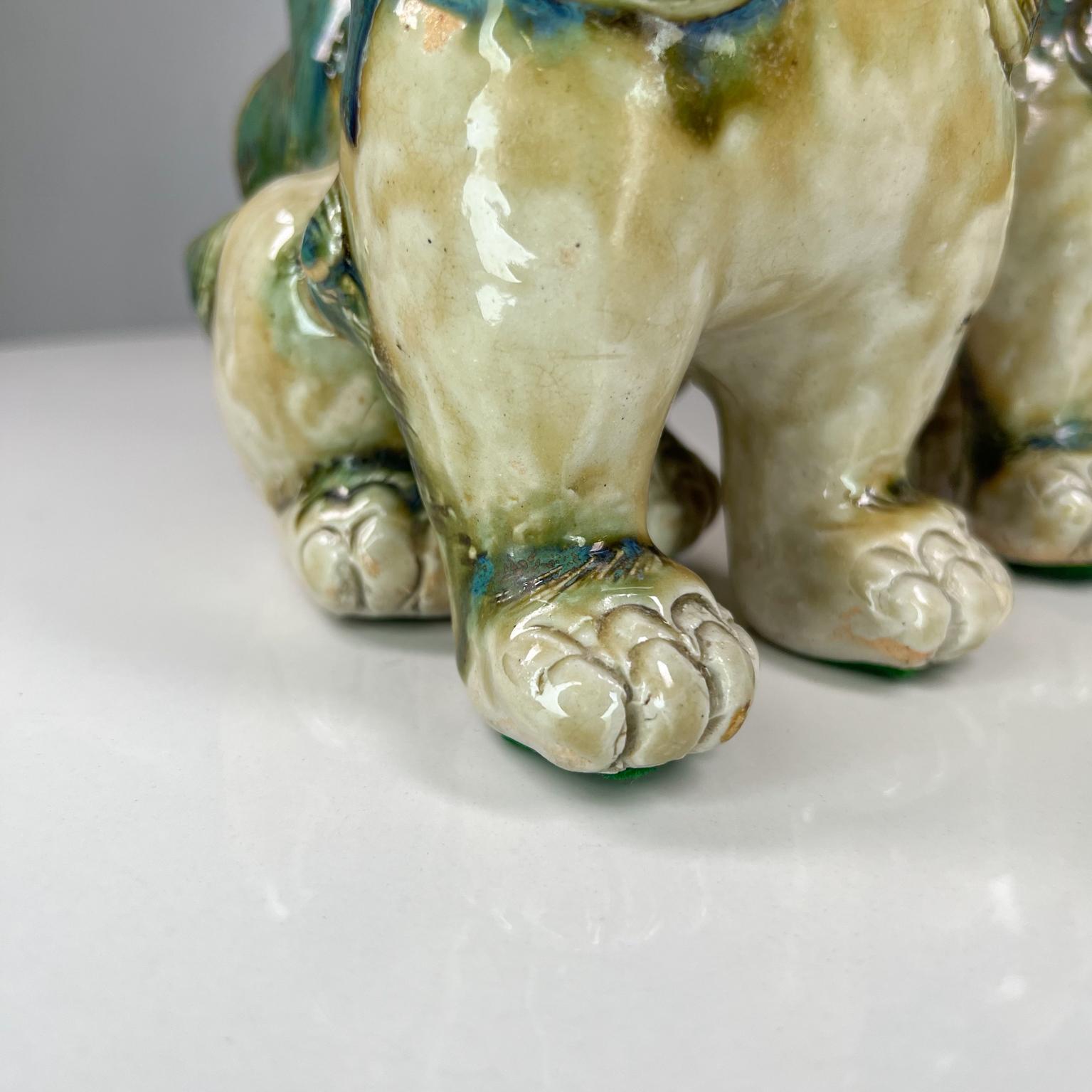 Mid-20th Century Vintage Pair Antique Chinese Figurines Foo Dog Sculpture Green Glaze Ceramic