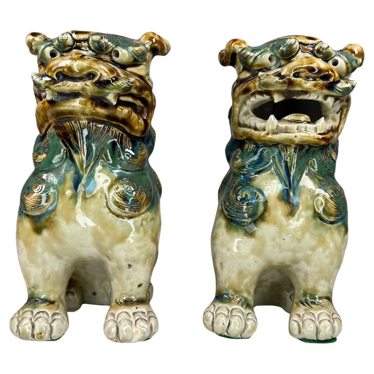 Vintage Pair Antique Chinese Figurines Foo Dog Sculpture Green Glaze