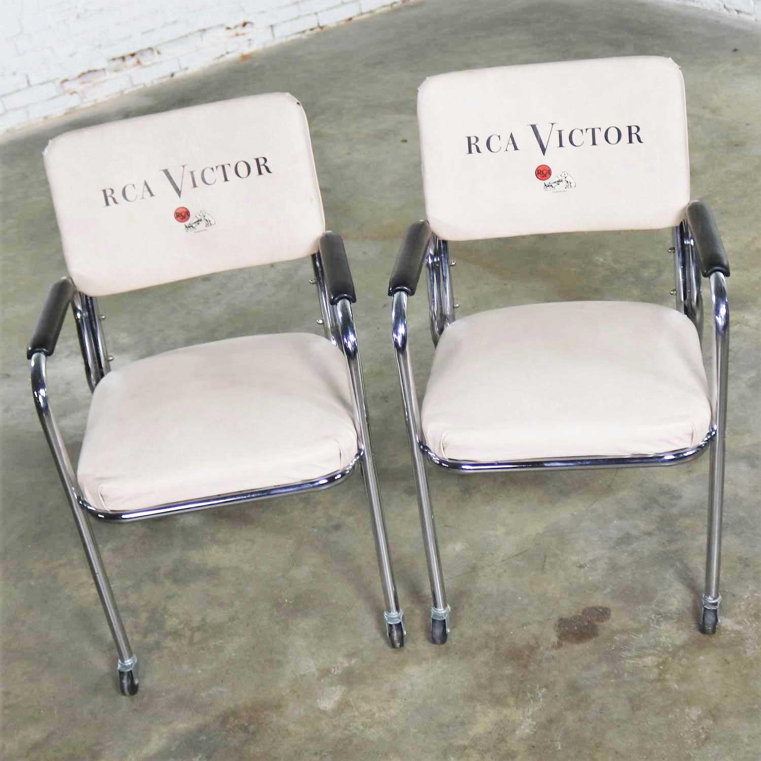 Incredible vintage Art Deco, Streamline Modern, or Art Moderne rolling chrome and vinyl RCA Victor advertising chairs made by Chromcraft. They are in wonderful vintage condition. There is a repair to the vinyl in the front of one of the back rests.