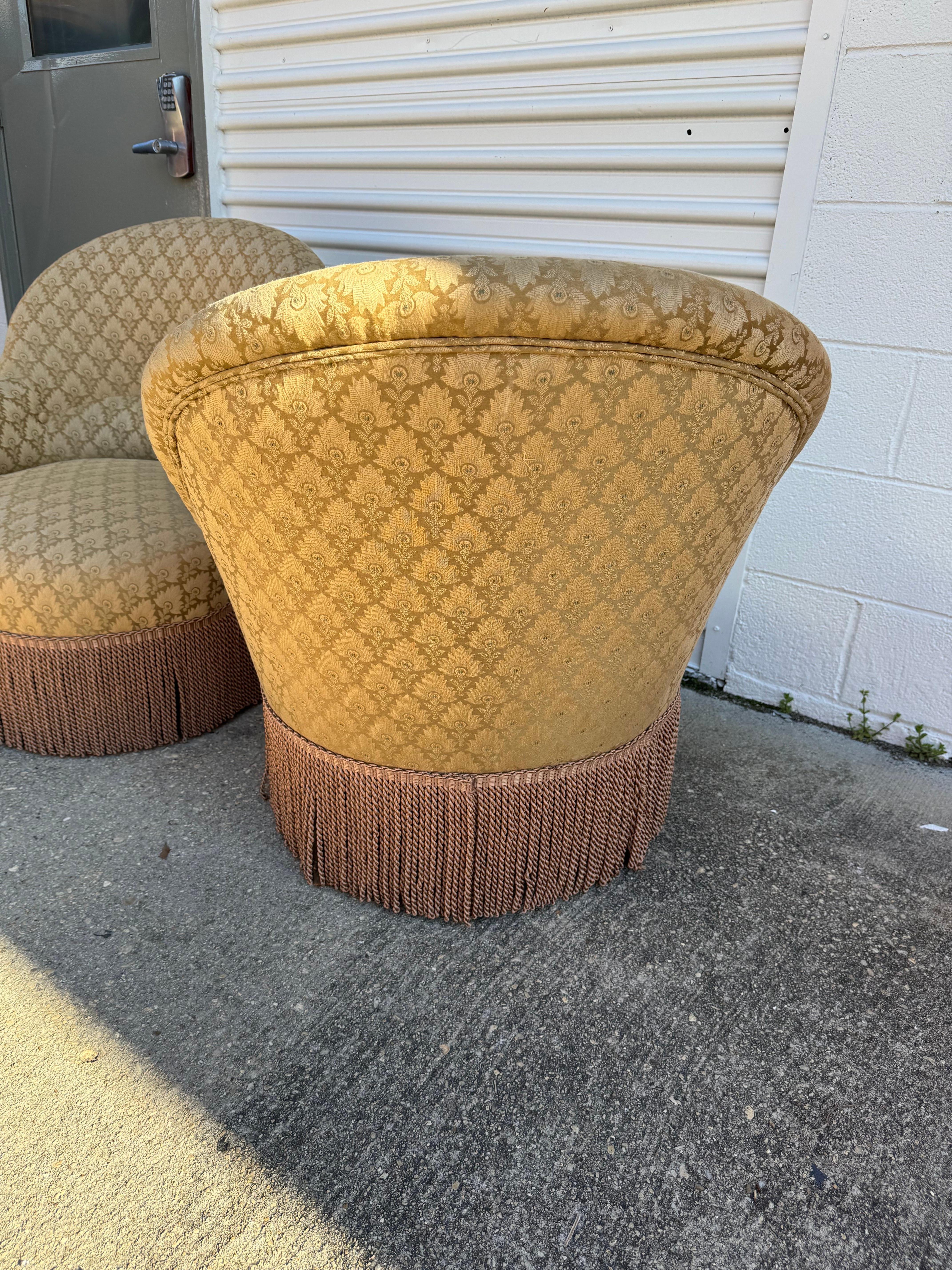 Vintage Pair Art Deco Style Gold Plume Silk Damask Upholstered Fringe Chairs For Sale 5