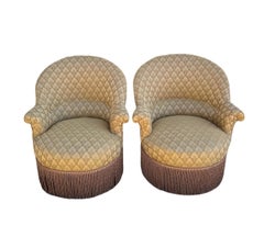 Vintage Pair Art Deco Style Gold Plume Silk Damask Upholstered Fringe Chairs