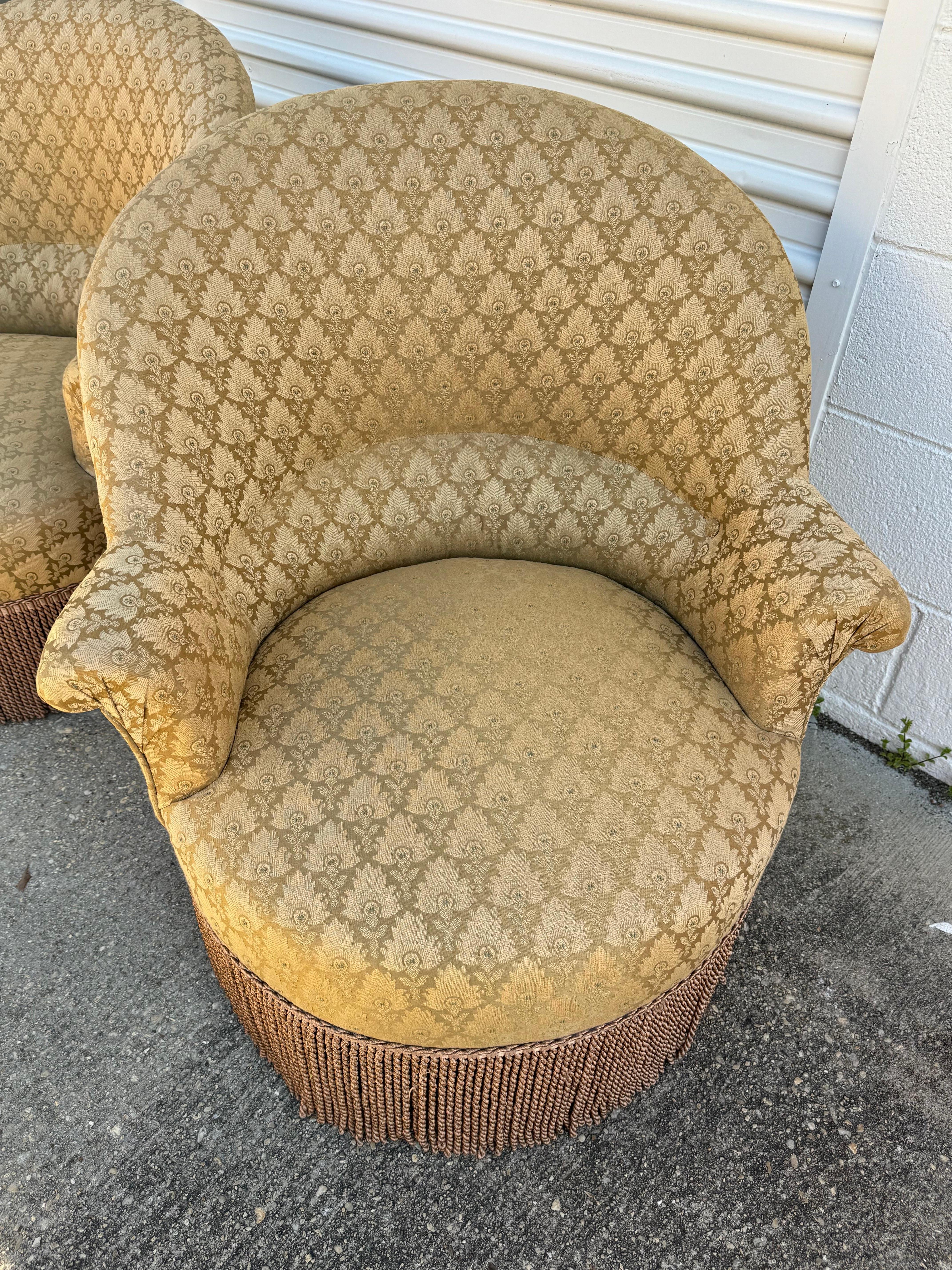 Vintage Pair Art Deco Style Gold Plume Silk Damask Upholstered Fringe Chairs For Sale 2