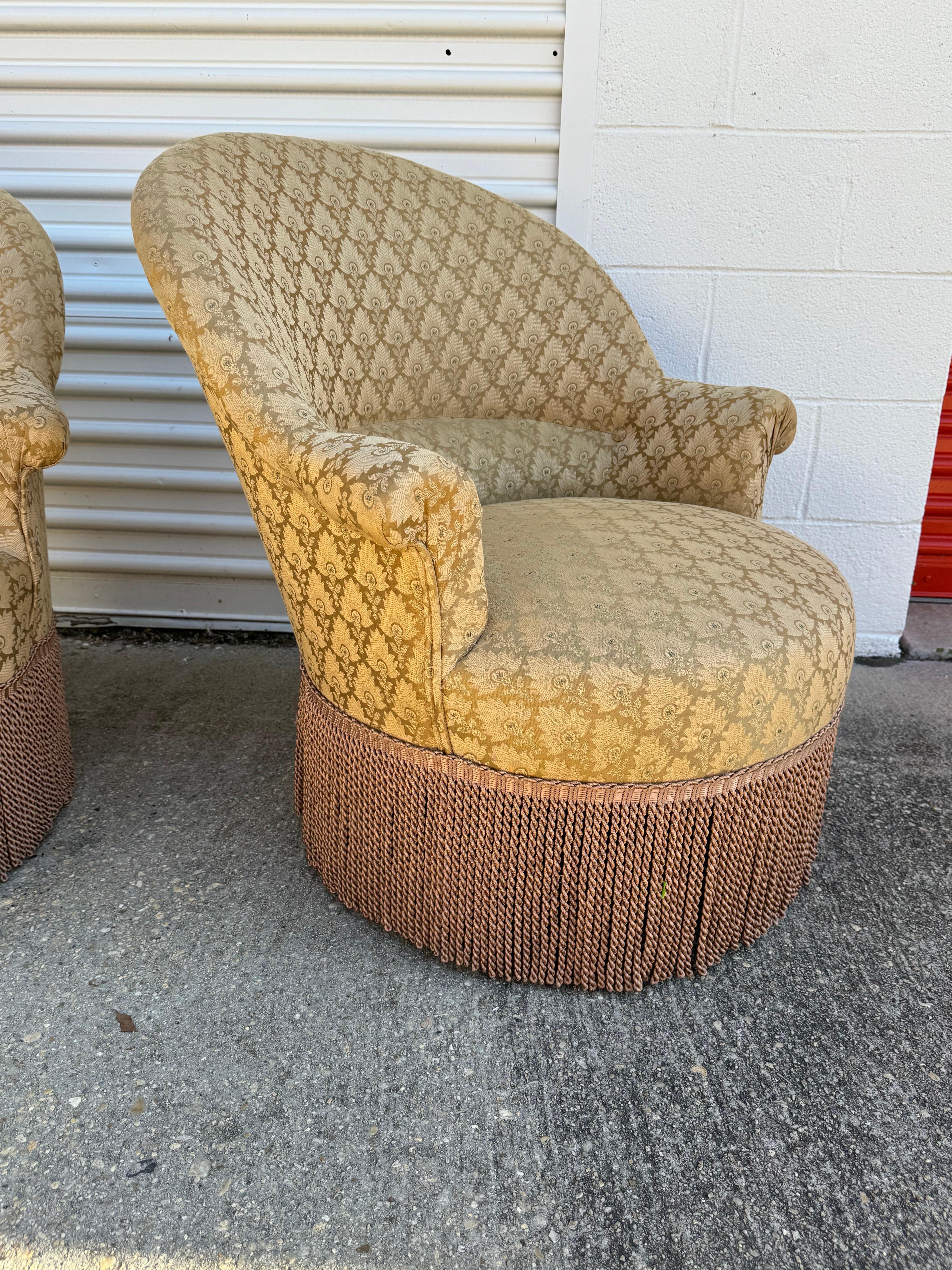 Vintage Pair Art Deco Style Gold Plume Silk Damask Upholstered Fringe Chairs For Sale 3