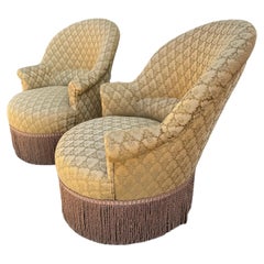 Retro Pair Art Deco Style Gold Plume Silk Damask Upholstered Fringe Chairs