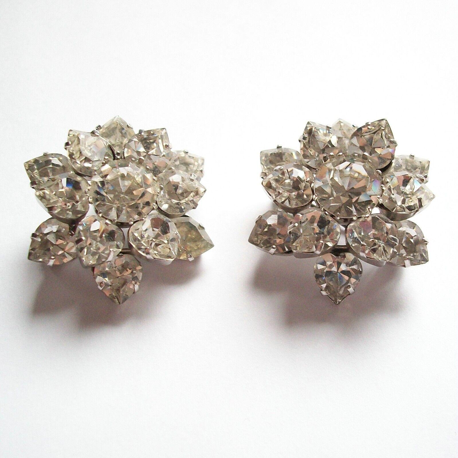 Mixed Cut Vintage Pair Austrian Crystal Rhinestone Brooches, Unsigned, Mid-20th Century For Sale