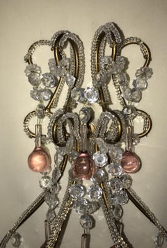Paar italienische Vintage-Kristall-Wandleuchter mit rosa Perlen und Kristalltropfen