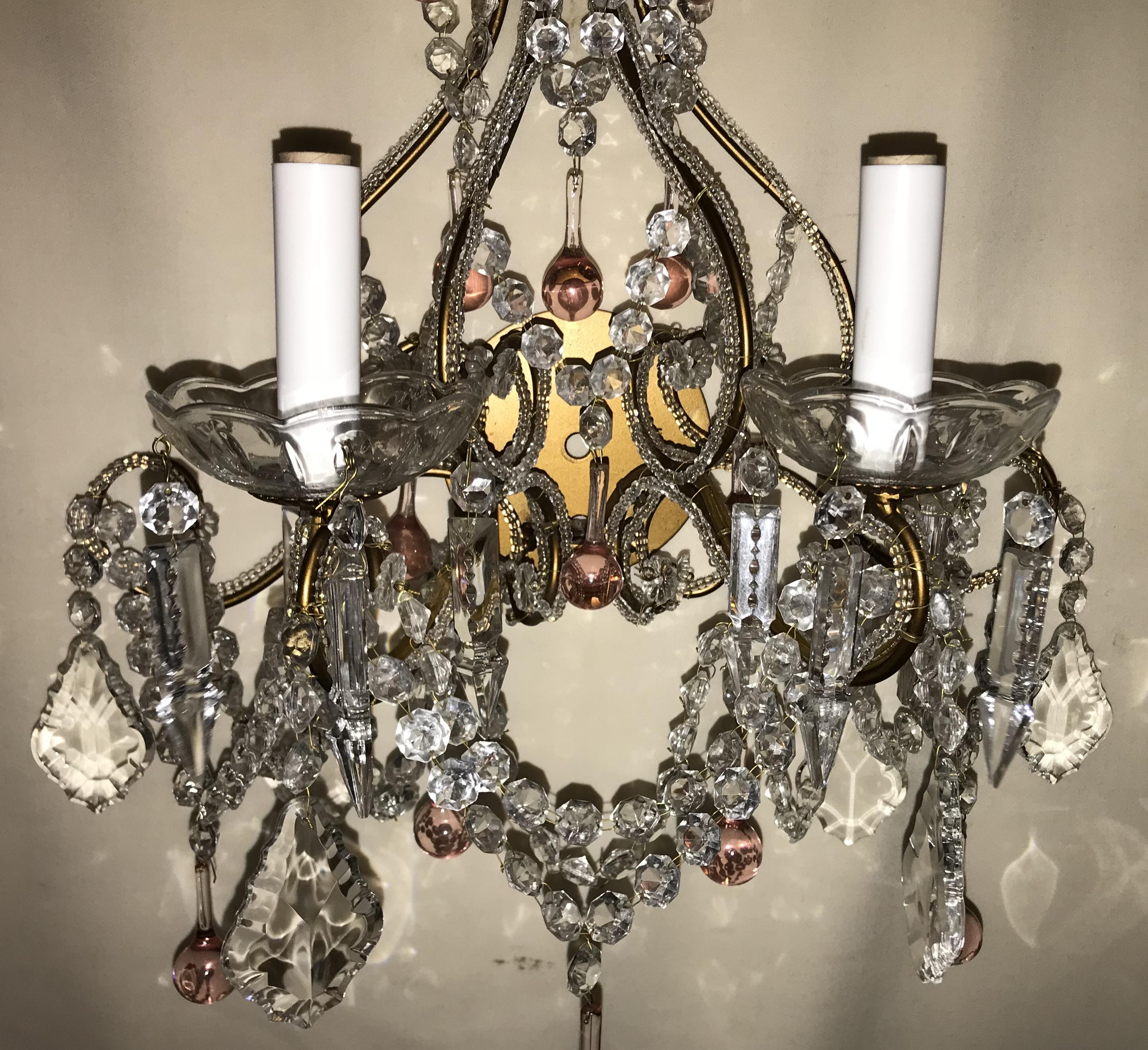 Belle Époque Vintage Pair Beaded Pink Drop Italian Crystal Scroll Sconces For Sale