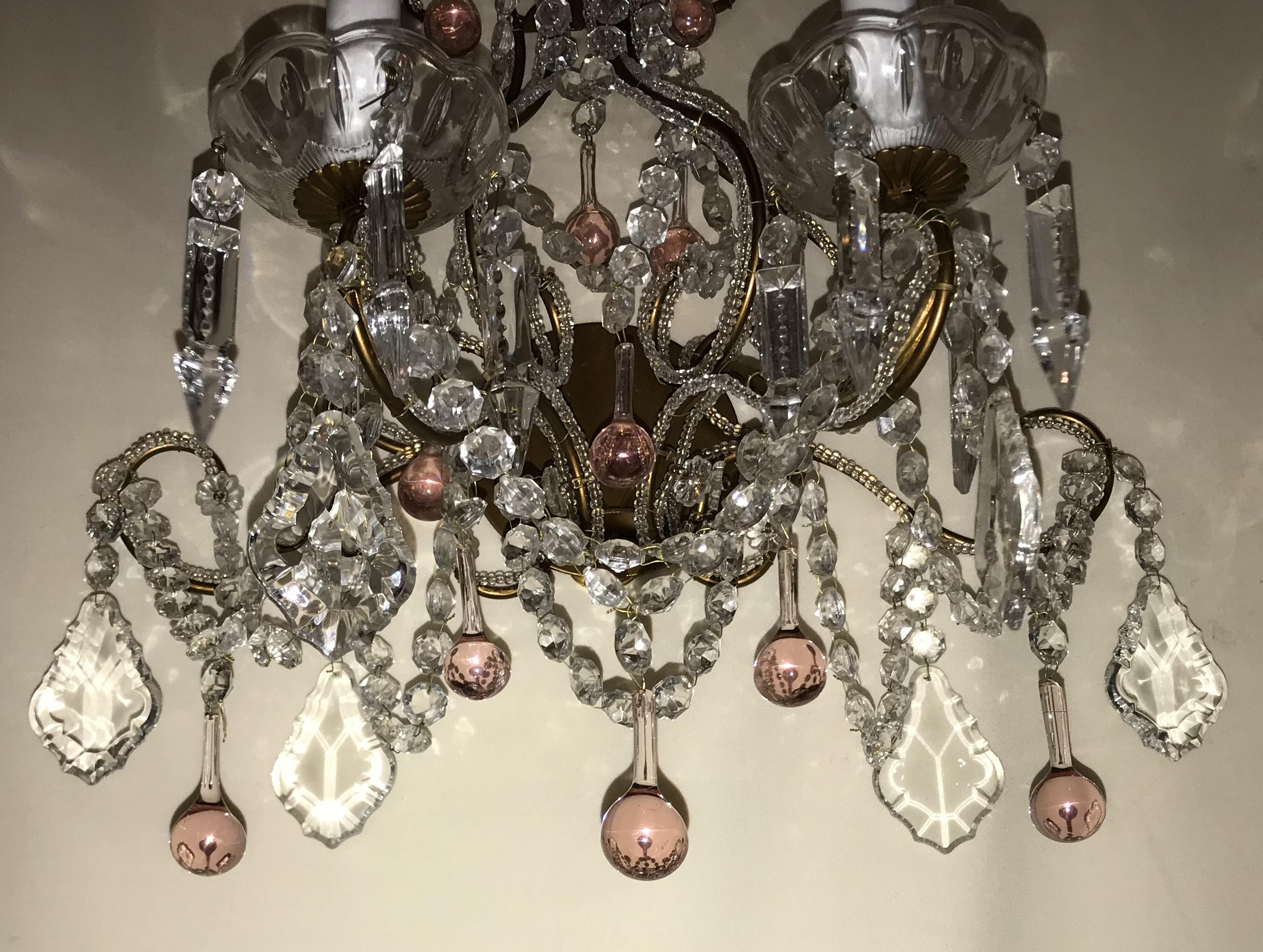 Gilt Vintage Pair Beaded Pink Drop Italian Crystal Scroll Sconces For Sale