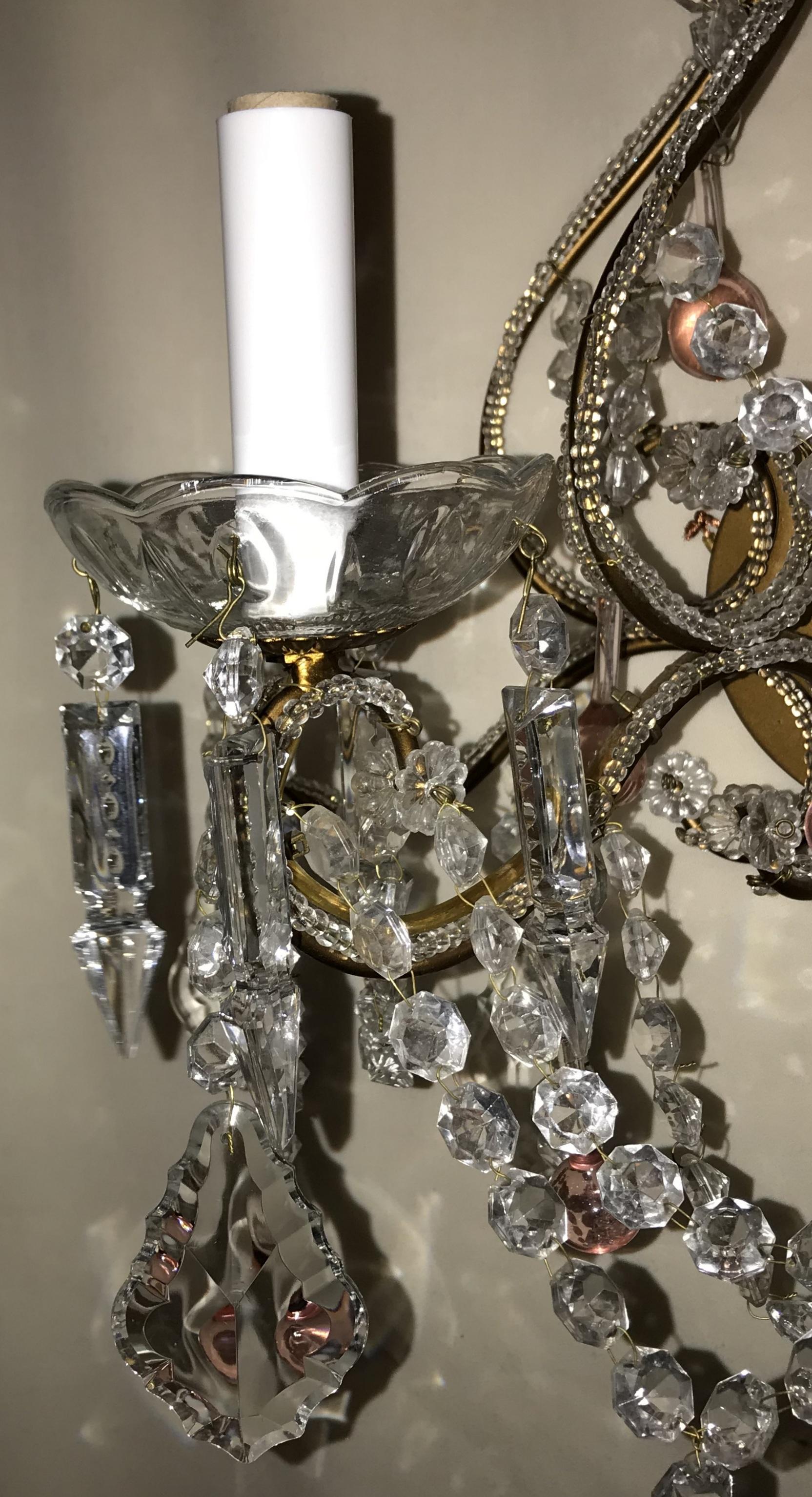 Vintage Pair Beaded Pink Drop Italian Crystal Scroll Sconces In Good Condition For Sale In Roslyn, NY