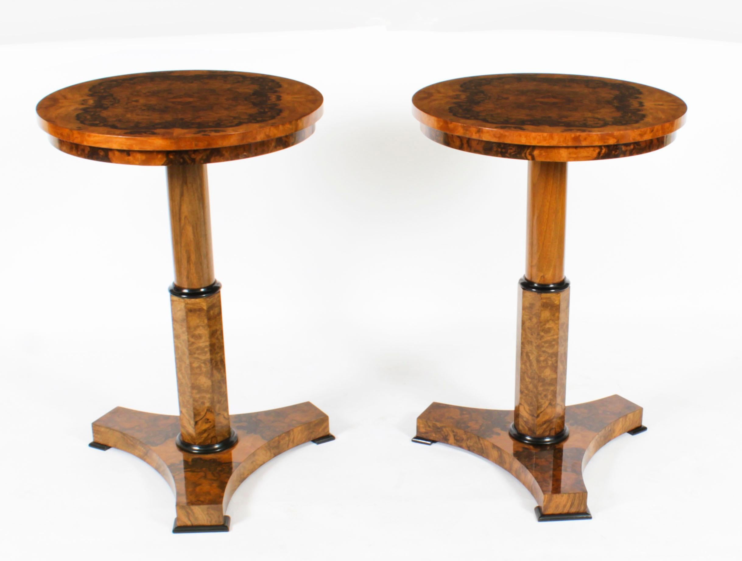 Vintage Pair Biedermeier Burr Walnut Occasional Tables, Mid-20th Century 8
