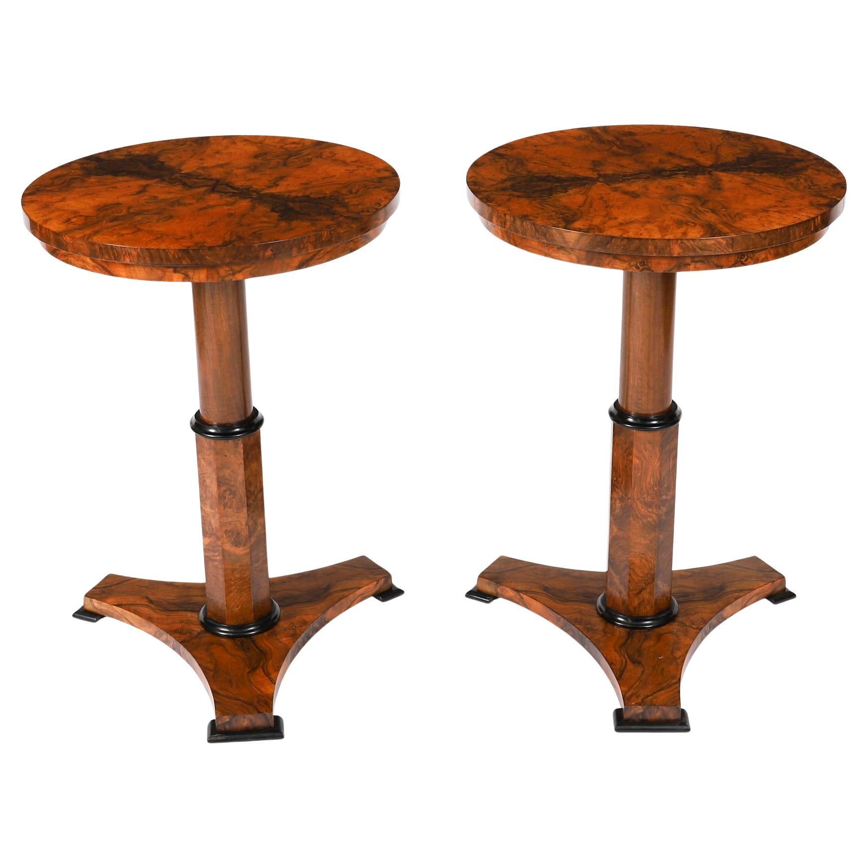 Vintage Pair Biedermeier Burr Walnut Occasional Tables, Mid-20th Century