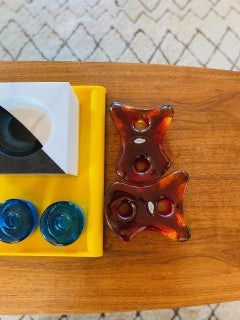 Paire de bougeoirs vintage Blenko Amoeba en verre Tangerine