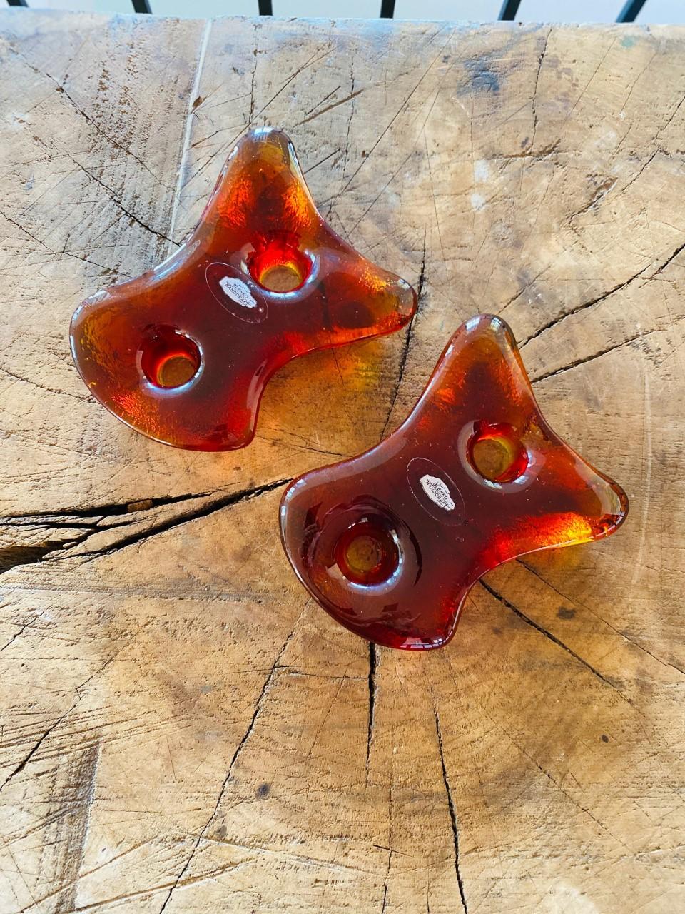 Paar Blenko Amoeba Tangerine-Glas-Kerzenhalter, Paar (amerikanisch) im Angebot