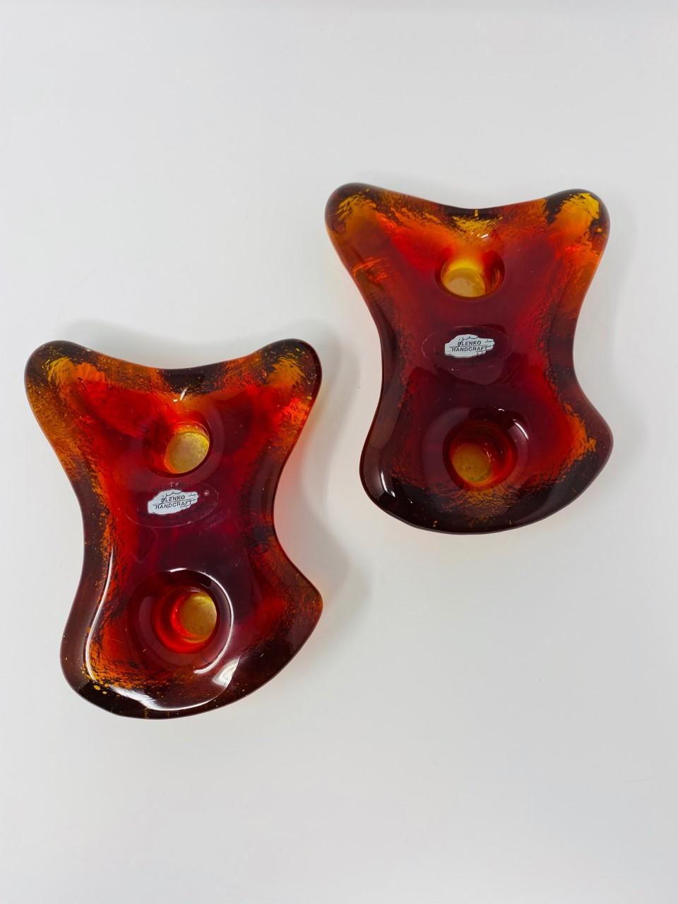 Mid-Century Modern Vintage Pair Blenko Amoeba Tangerine Glass Candleholders For Sale
