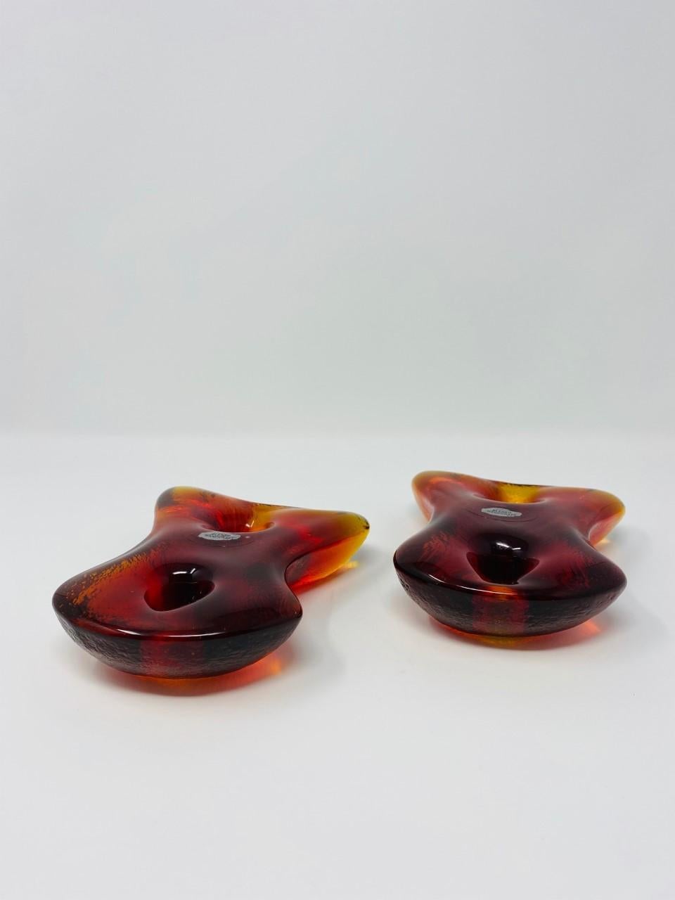 American Vintage Pair Blenko Amoeba Tangerine Glass Candleholders For Sale