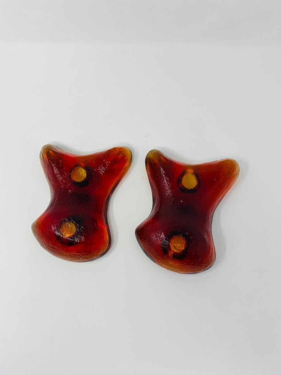 Hand-Crafted Vintage Pair Blenko Amoeba Tangerine Glass Candleholders For Sale