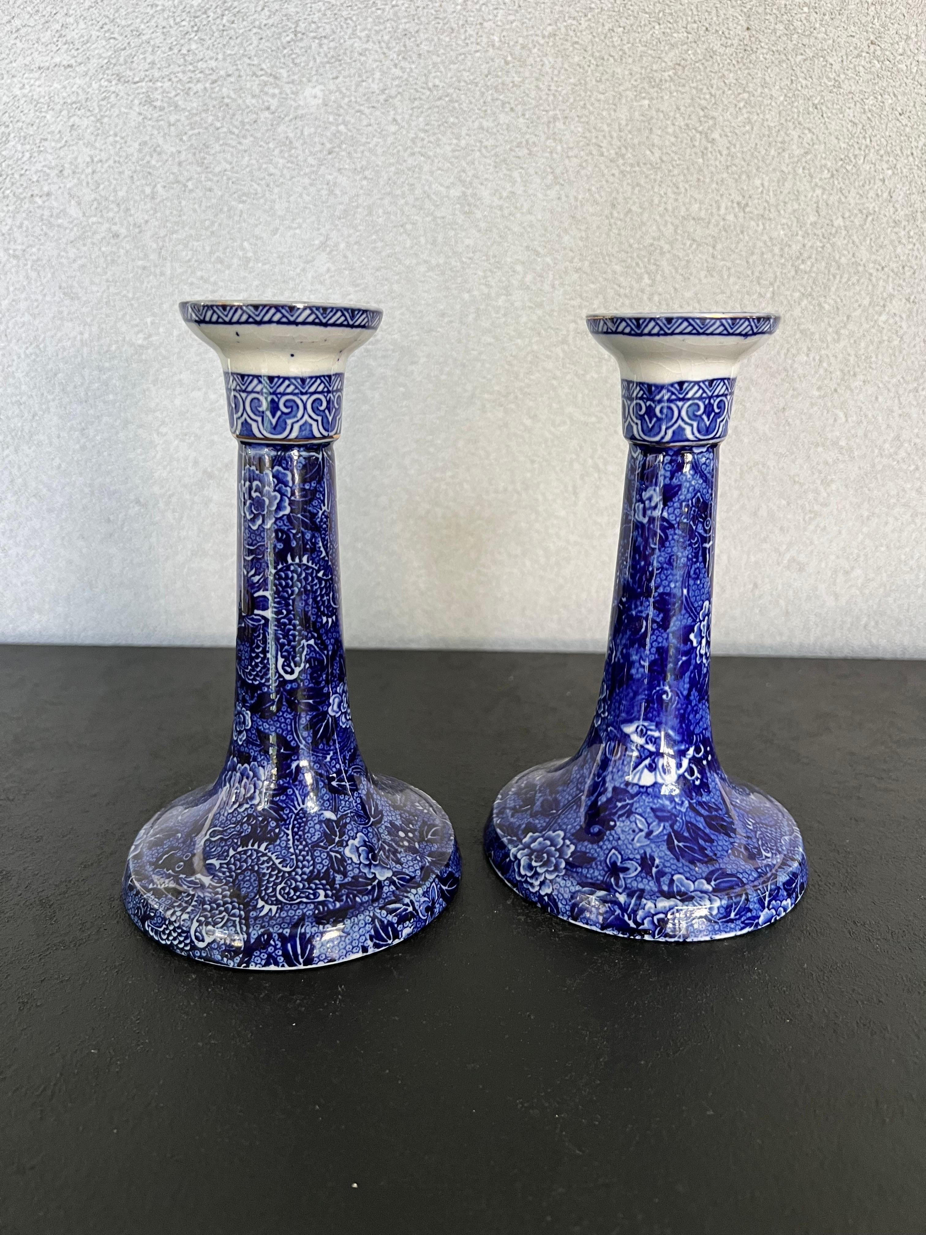 Vintage Pair Blue and White Porcelain Candlesticks made by Shelly/England  For Sale 4