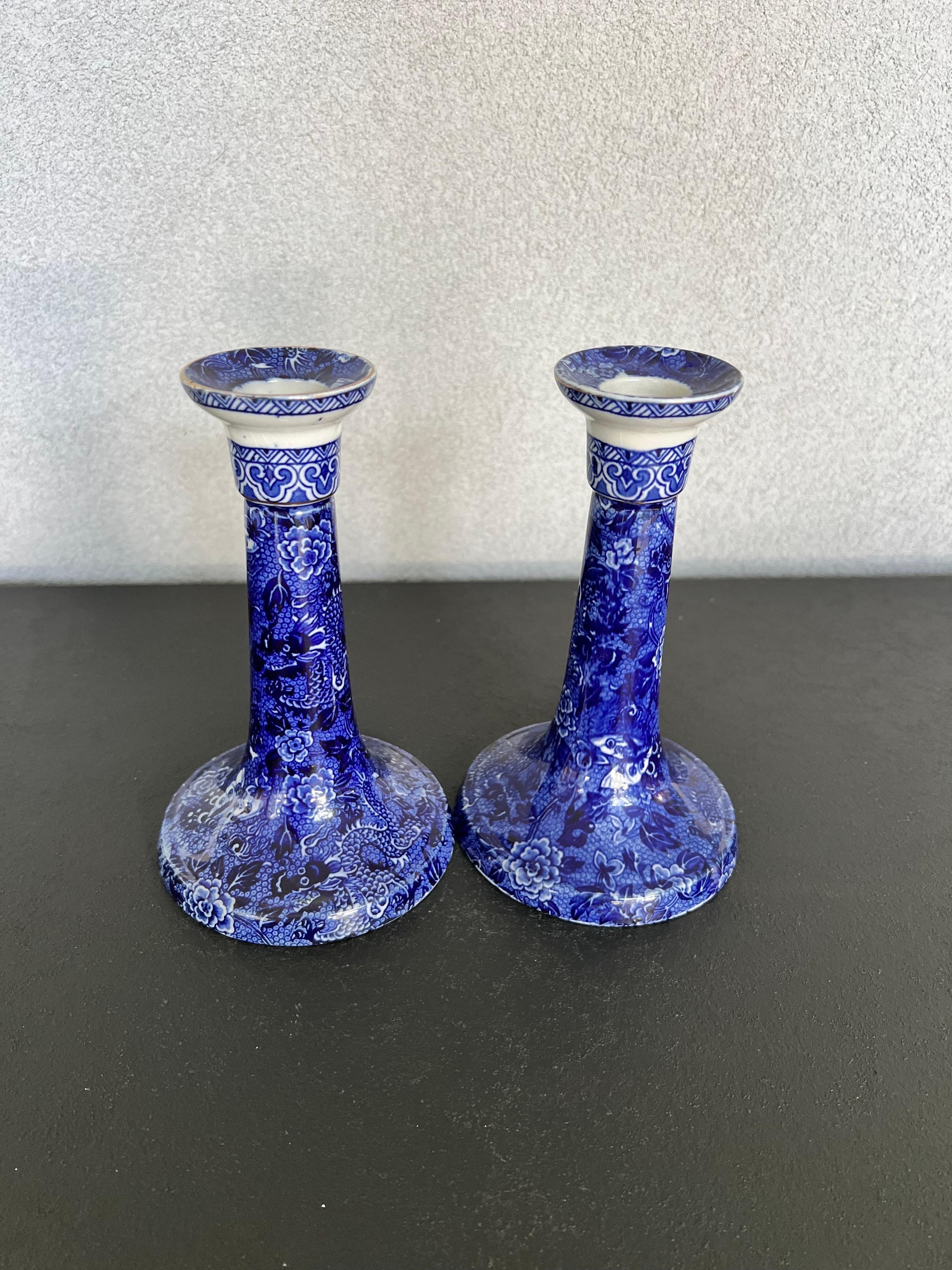 Hand-Painted Vintage Pair Blue and White Porcelain Candlesticks made by Shelly/England  For Sale