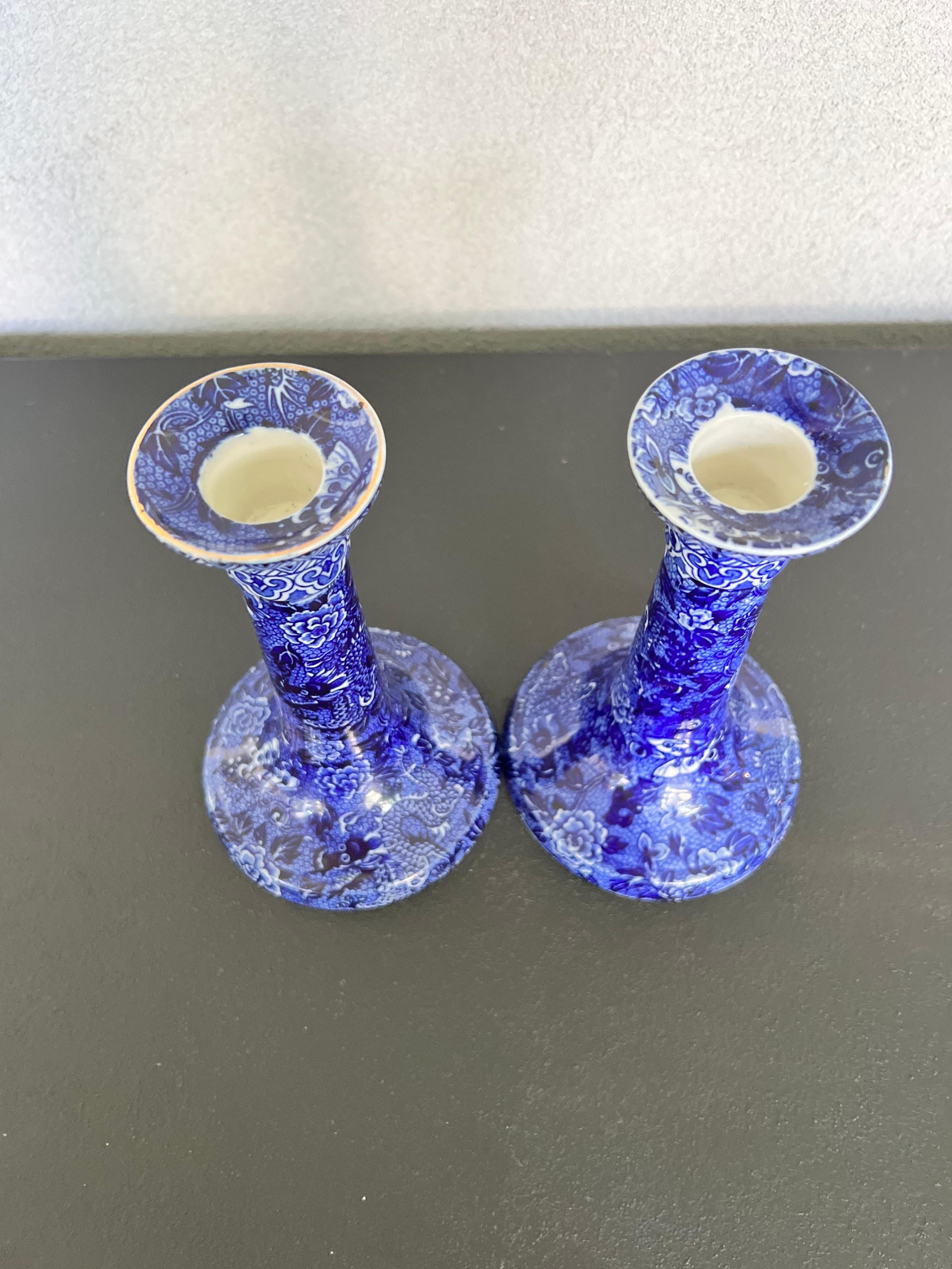 20th Century Vintage Pair Blue and White Porcelain Candlesticks made by Shelly/England  For Sale