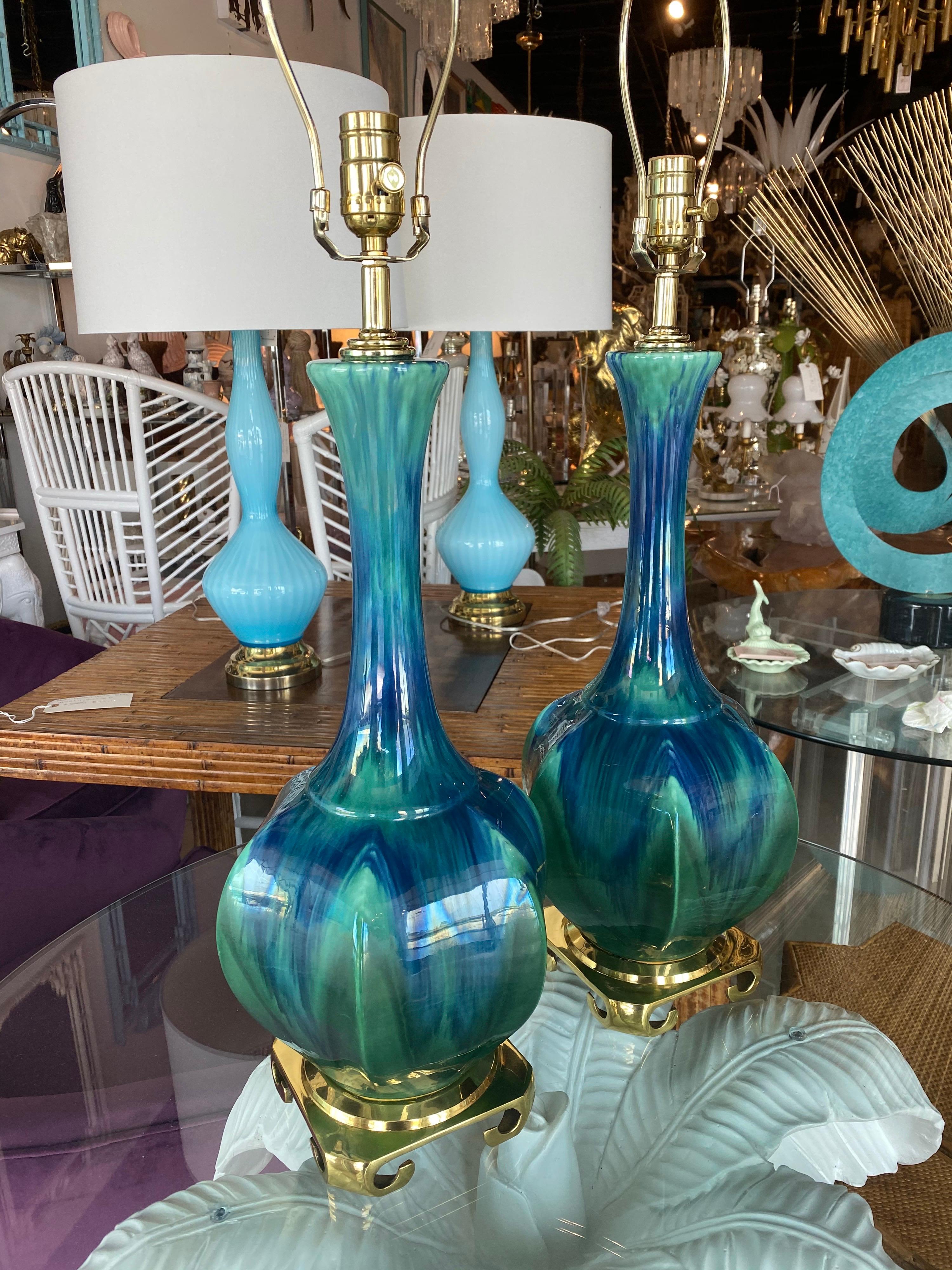 Vintage Pair of Blue Green Ceramic Table Lamps Brass Greek Key Base Restored 1