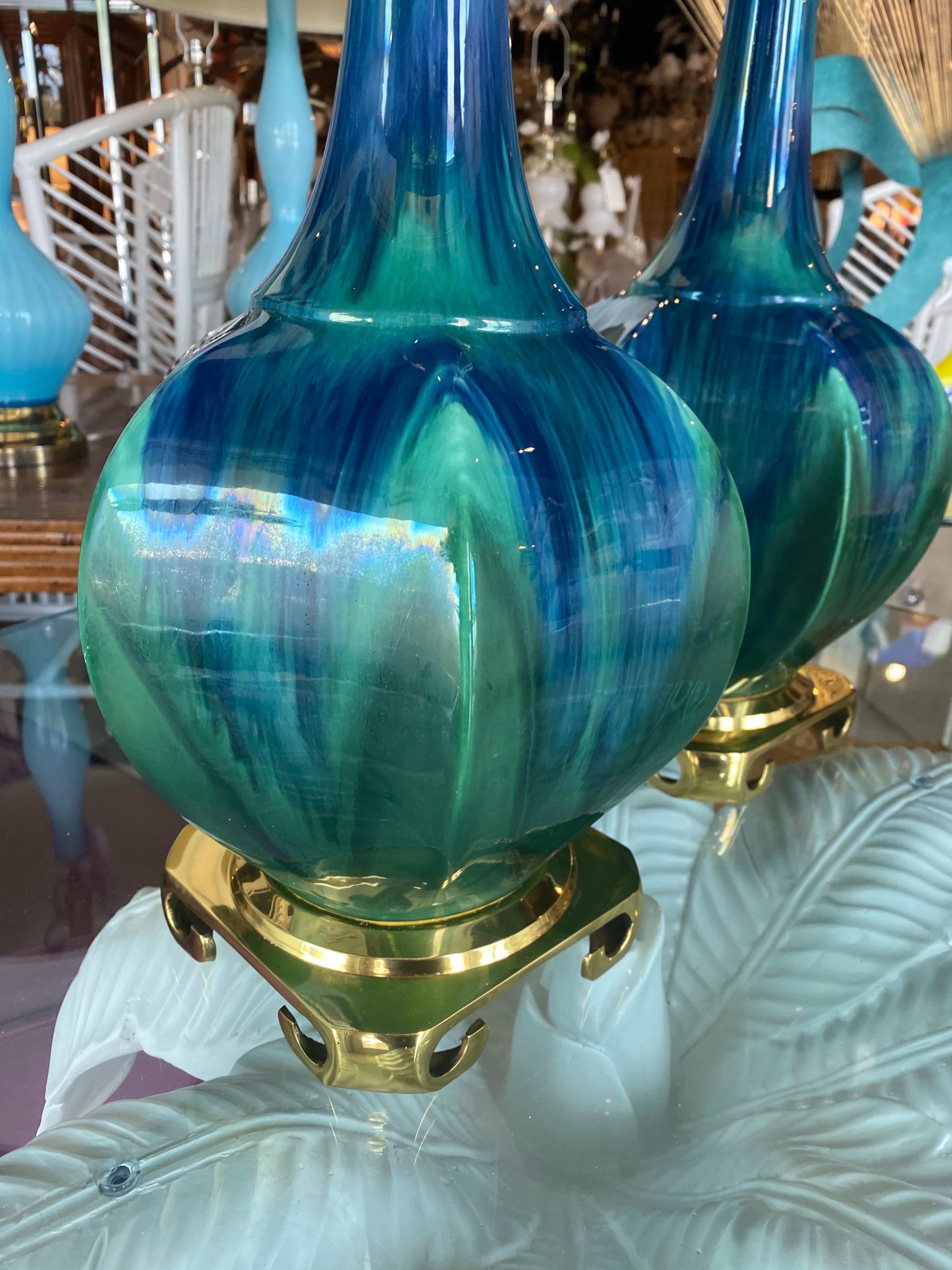 Vintage Pair of Blue Green Ceramic Table Lamps Brass Greek Key Base Restored 2