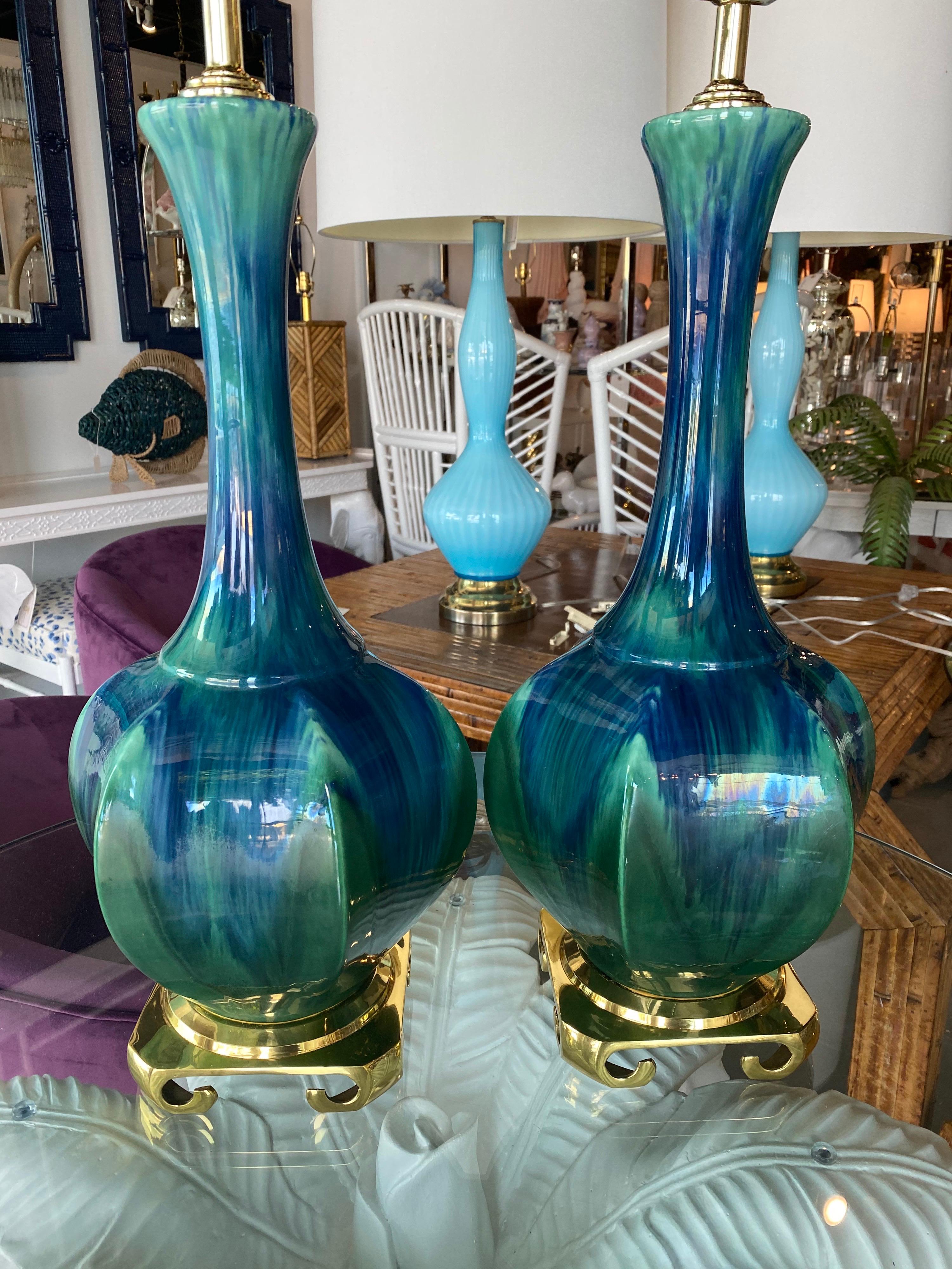 Vintage Pair of Blue Green Ceramic Table Lamps Brass Greek Key Base Restored 3
