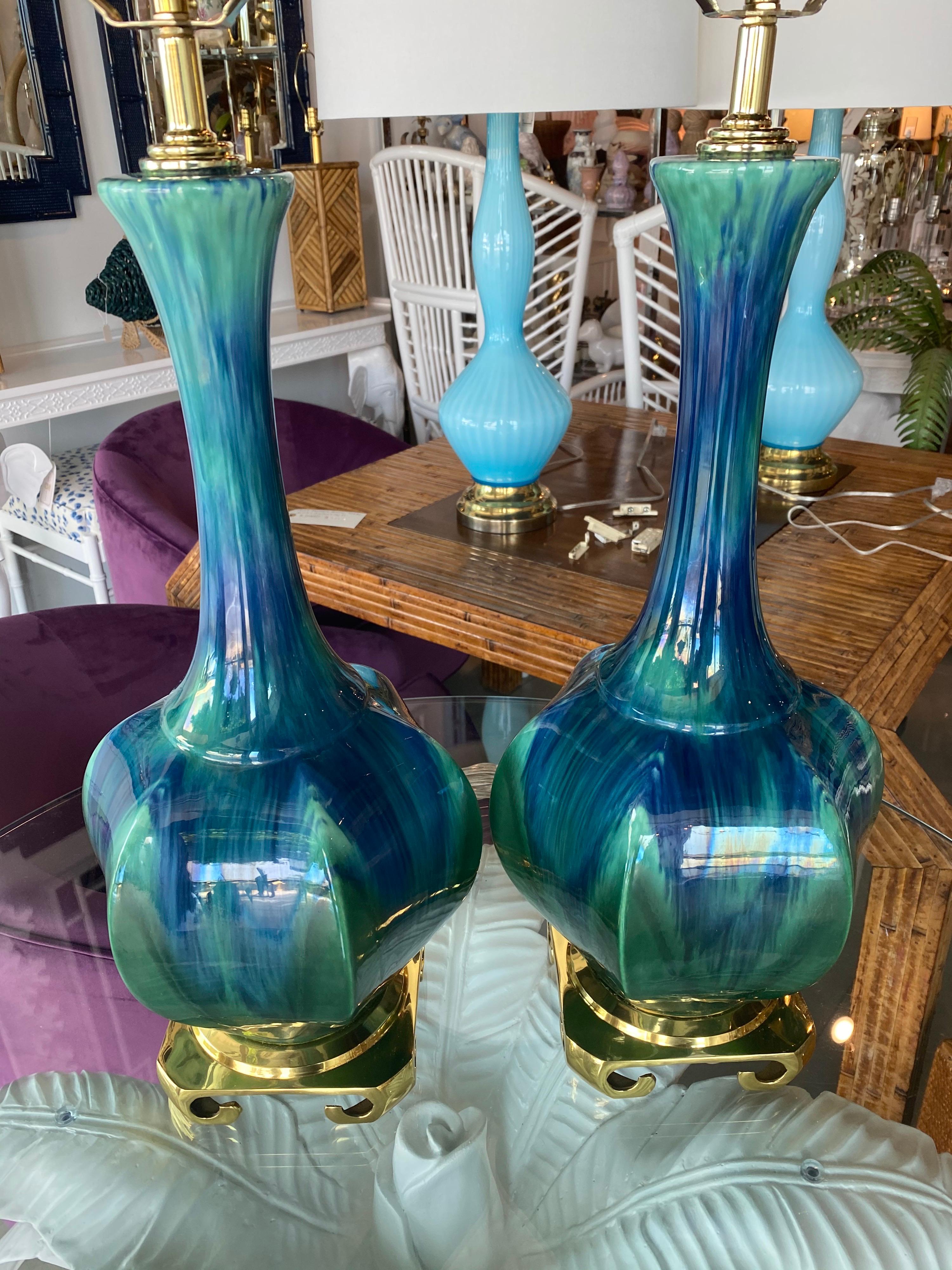 Vintage Pair of Blue Green Ceramic Table Lamps Brass Greek Key Base Restored 4
