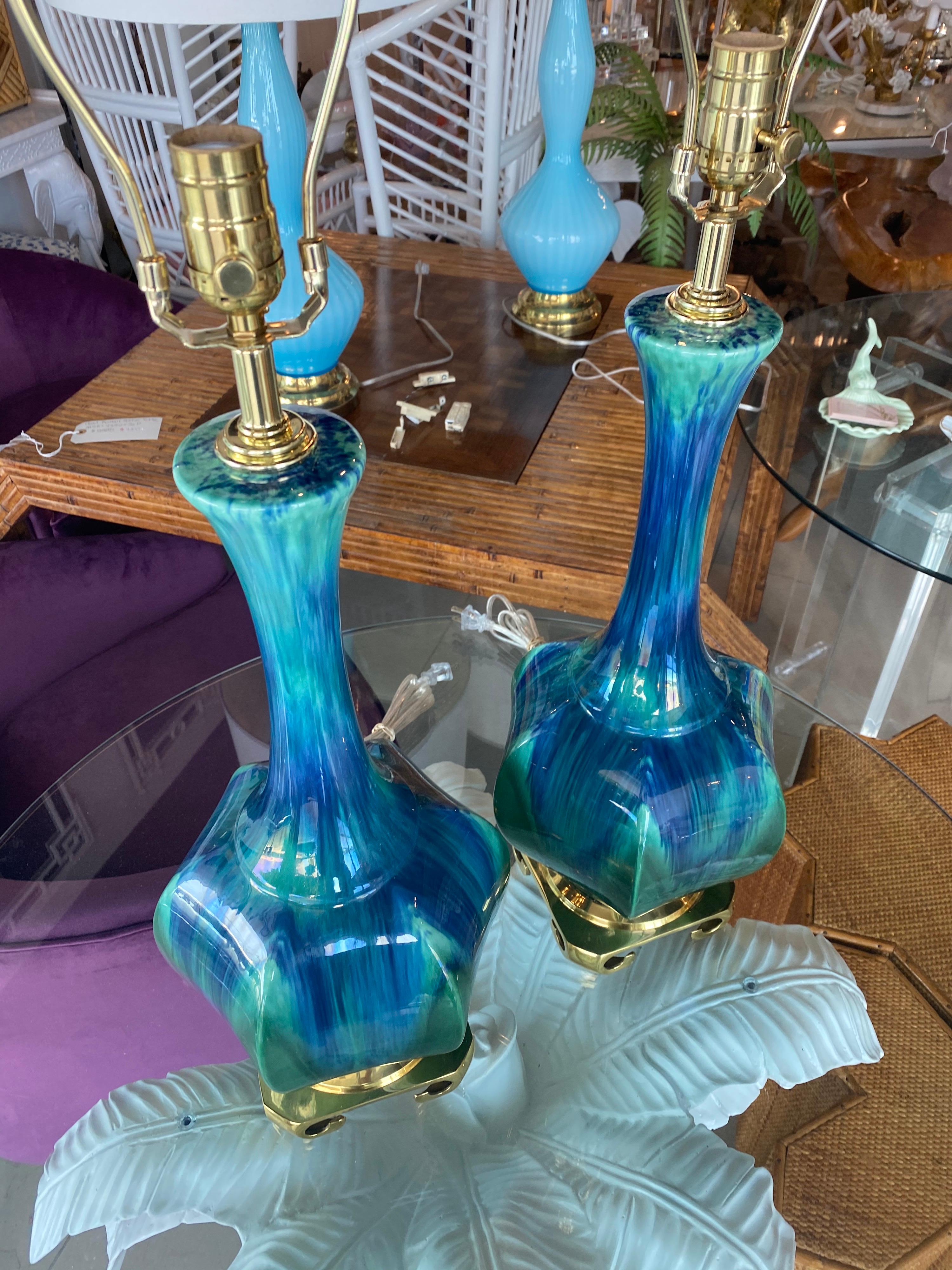 Hollywood Regency Vintage Pair of Blue Green Ceramic Table Lamps Brass Greek Key Base Restored