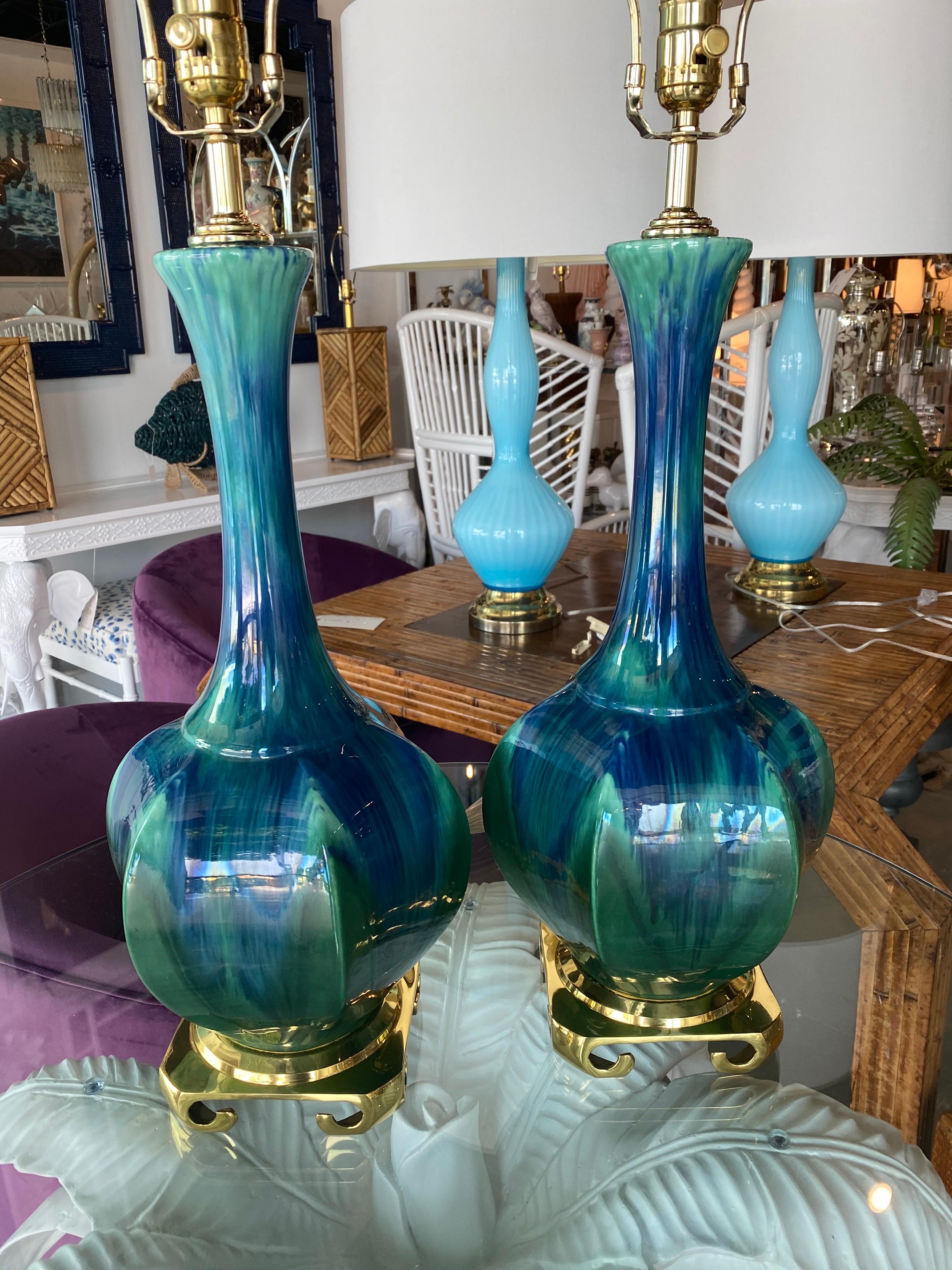 American Vintage Pair of Blue Green Ceramic Table Lamps Brass Greek Key Base Restored