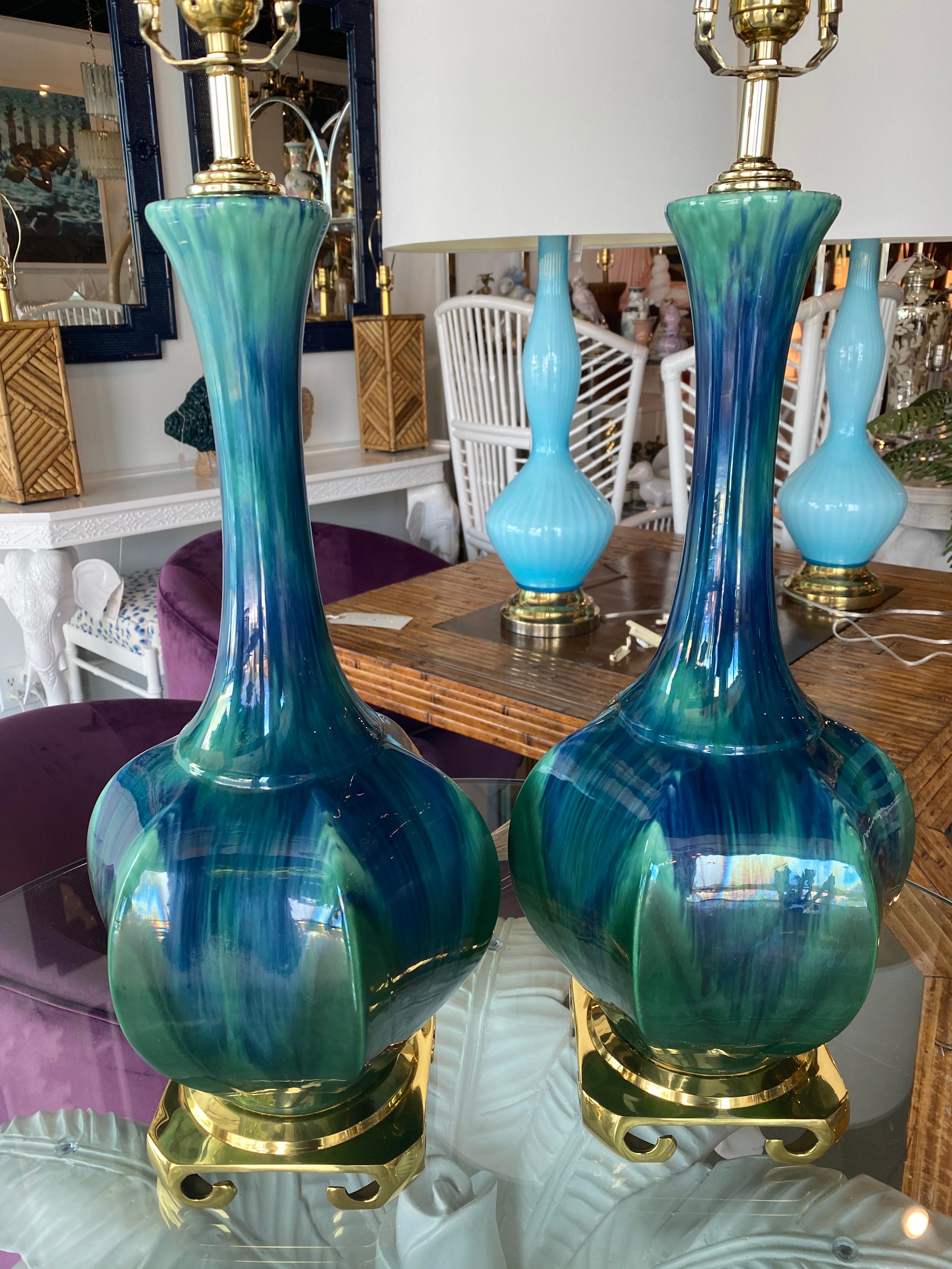 Late 20th Century Vintage Pair of Blue Green Ceramic Table Lamps Brass Greek Key Base Restored