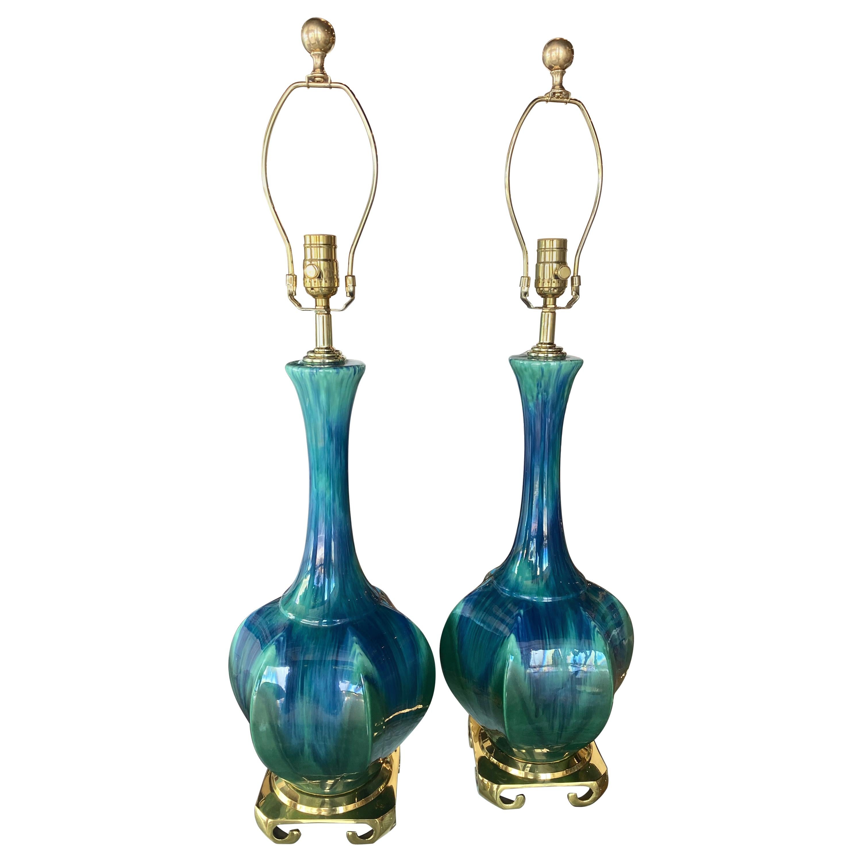 Vintage Pair of Blue Green Ceramic Table Lamps Brass Greek Key Base Restored