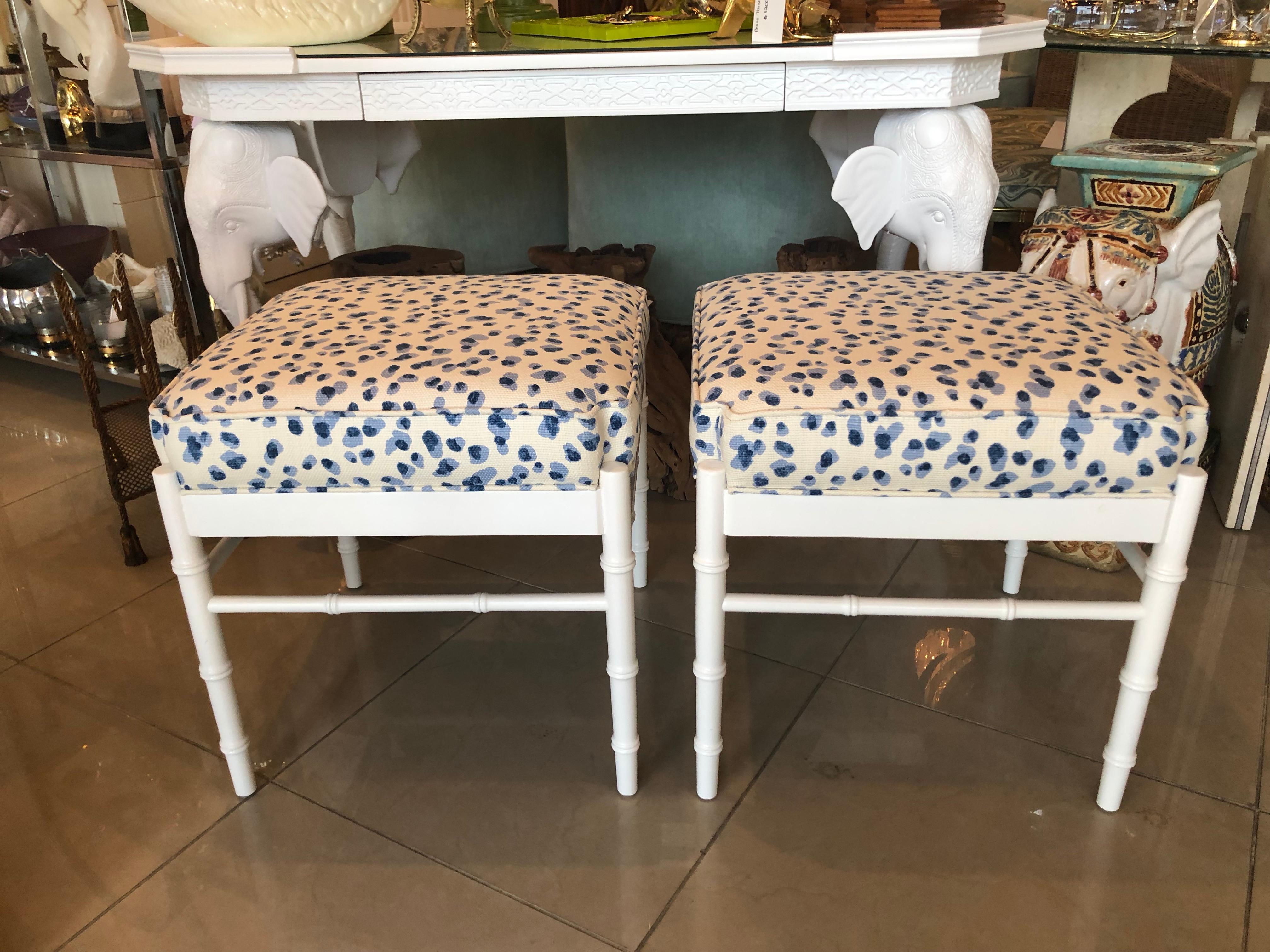 Vintage Pair of Blue White Upholstered & Lacquered Faux Bamboo Benches Ottomans 3