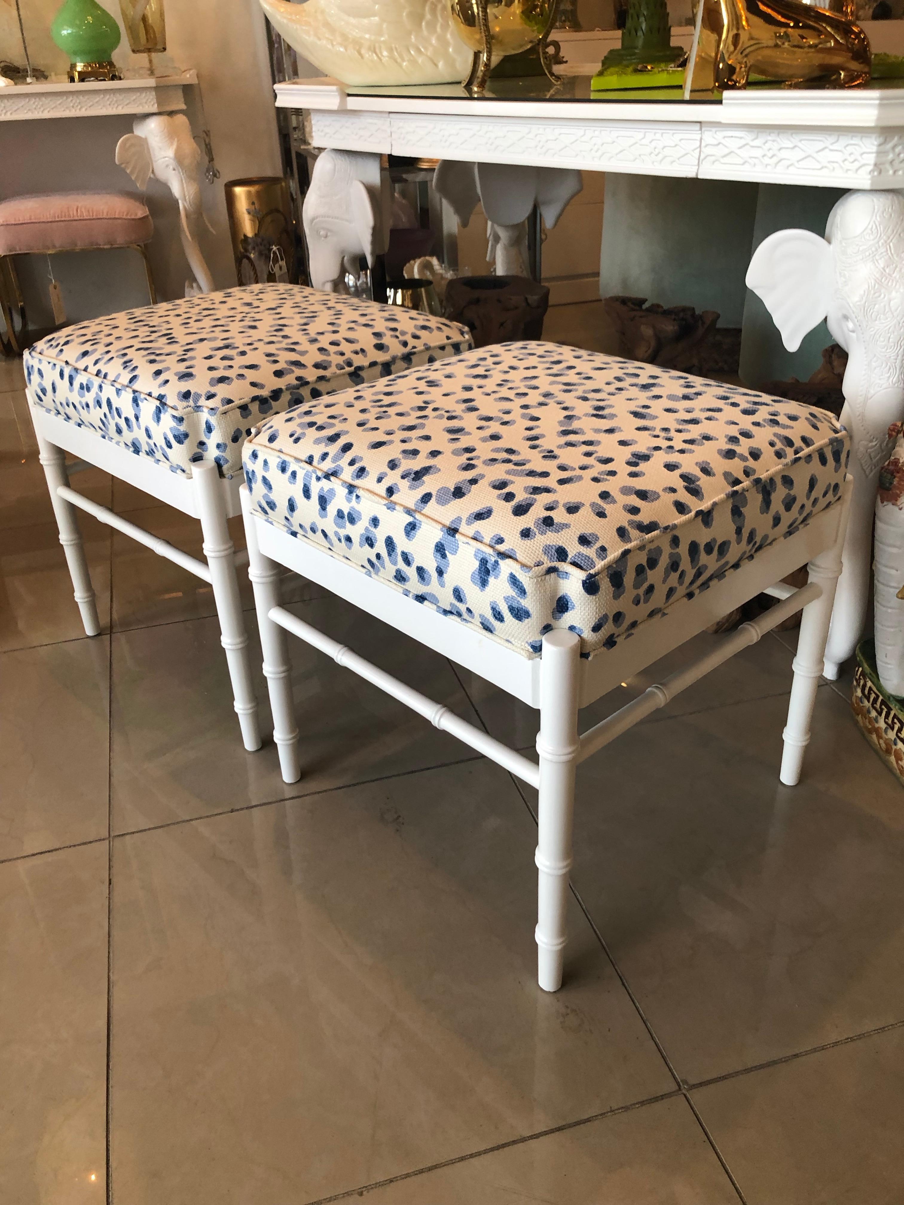 Vintage Pair of Blue White Upholstered & Lacquered Faux Bamboo Benches Ottomans 4