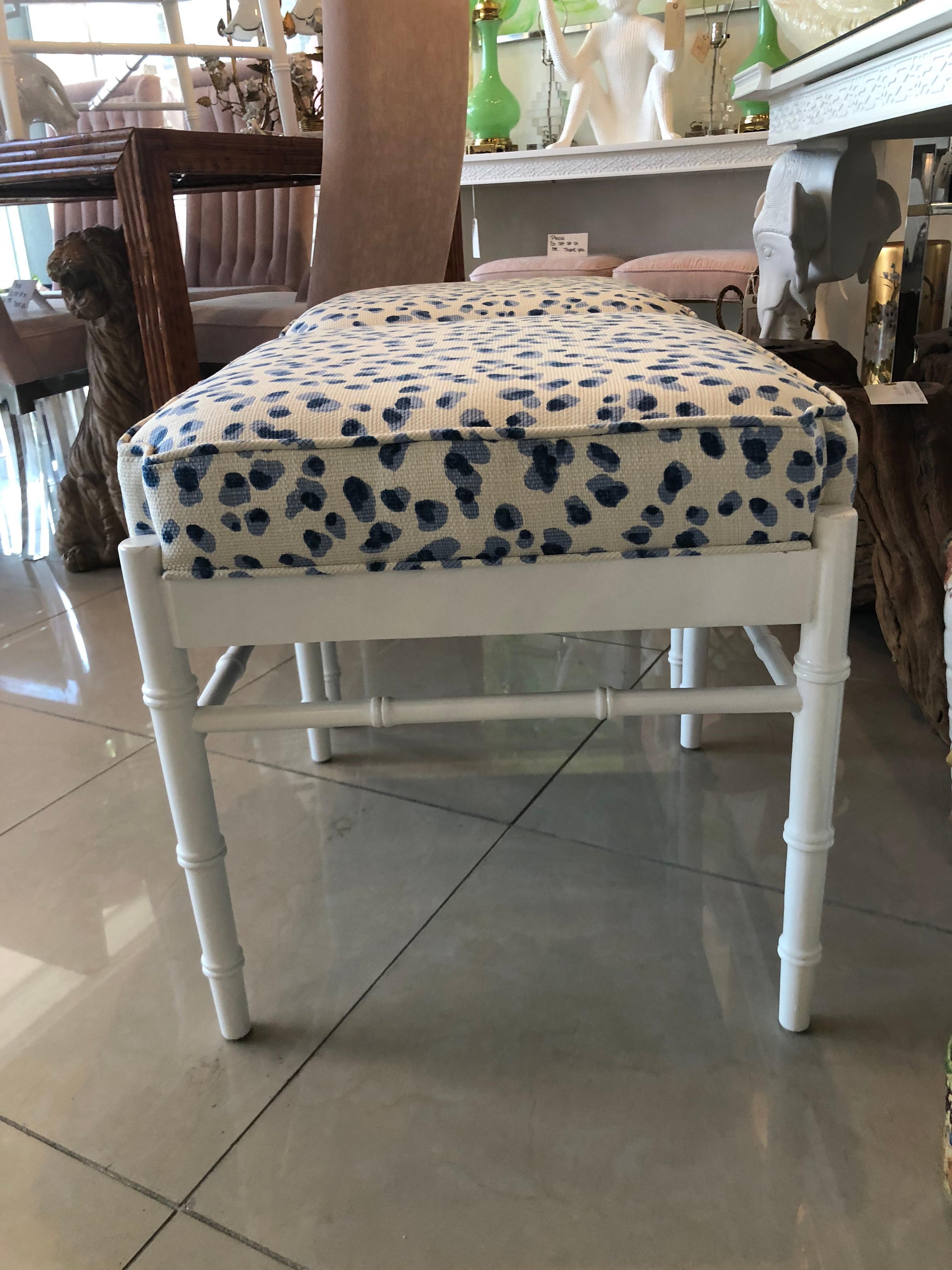 Vintage Pair of Blue White Upholstered & Lacquered Faux Bamboo Benches Ottomans In Good Condition In West Palm Beach, FL