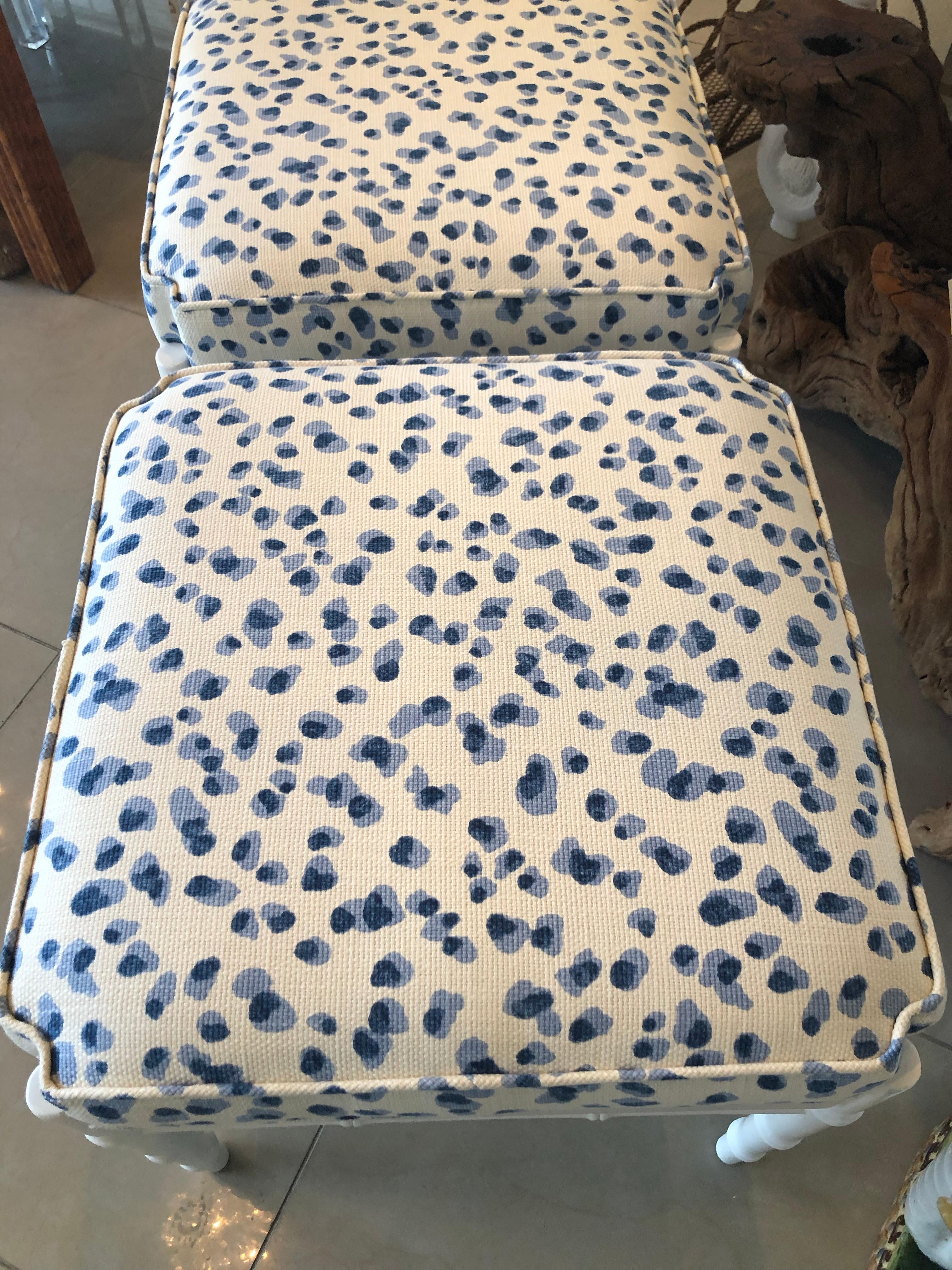 Late 20th Century Vintage Pair of Blue White Upholstered & Lacquered Faux Bamboo Benches Ottomans
