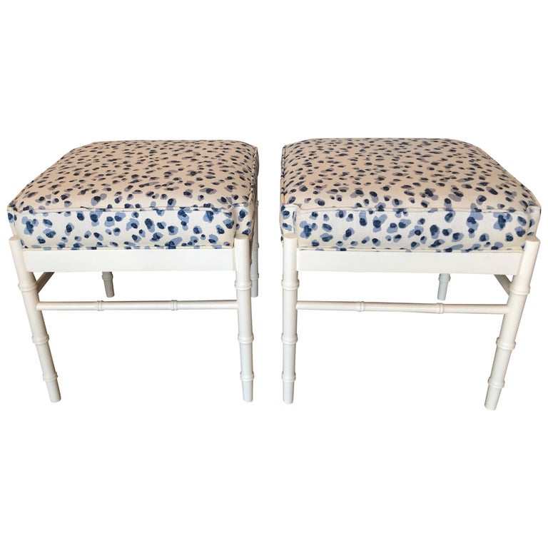 Vintage Pair Of Blue White Upholstered And Lacquered Faux Bamboo Benches Ottomans At 1stdibs