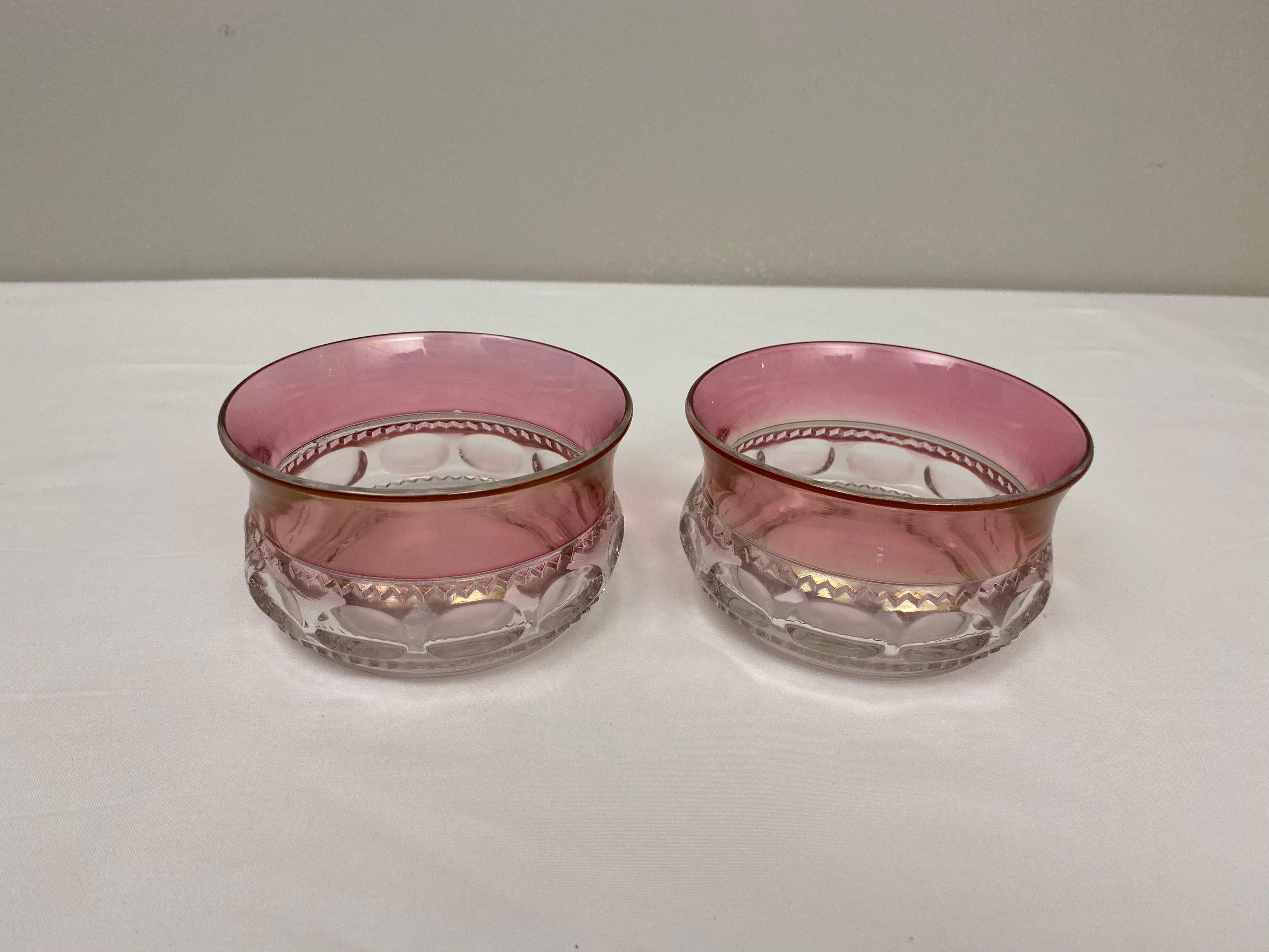 Vintage Pair Bohemian Pink & Clear Czech Glass Candy Dishes or Appetizer Bowls 1
