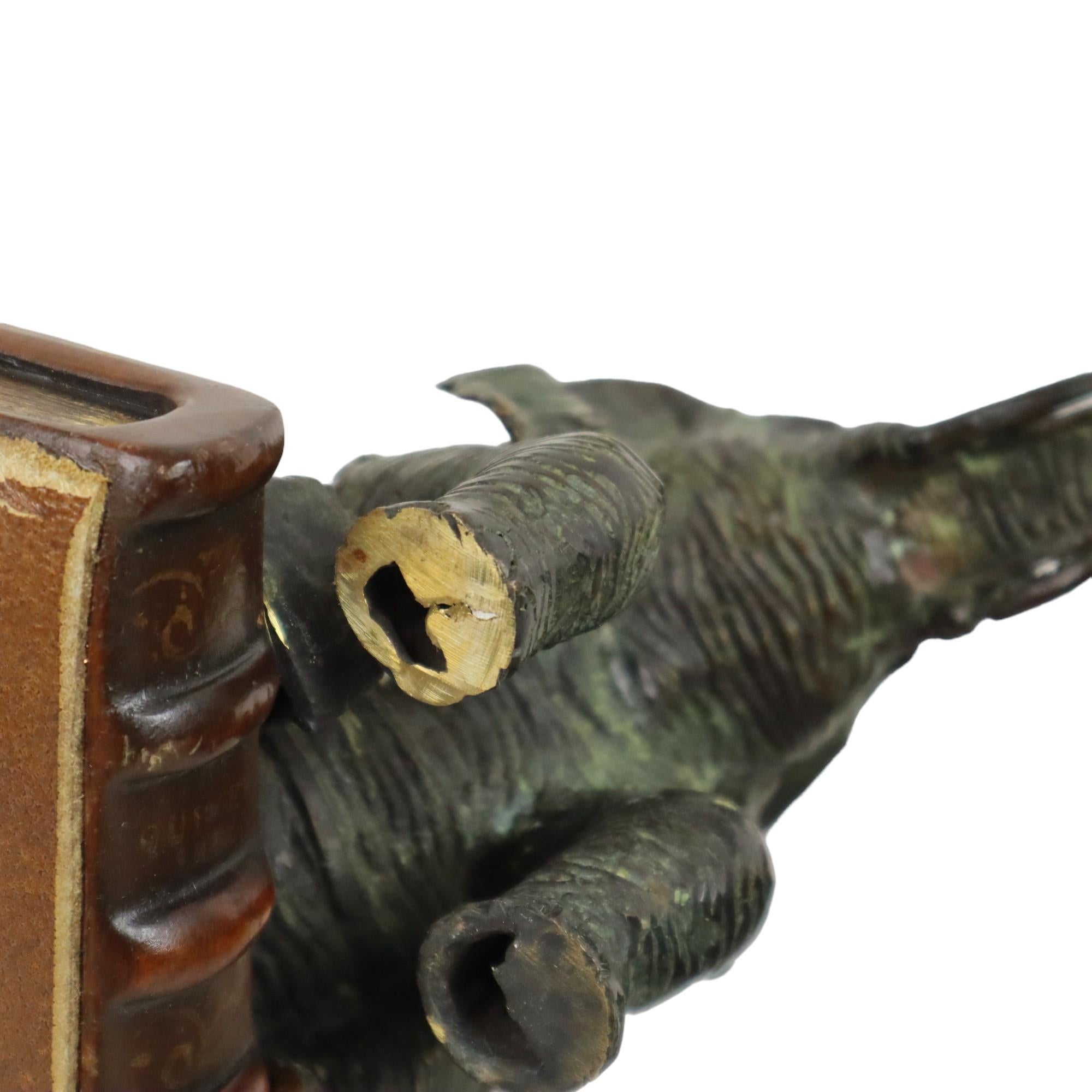 Vintage Pair Bookends Elephant Patinated Bronze Wood Leather For Sale 5
