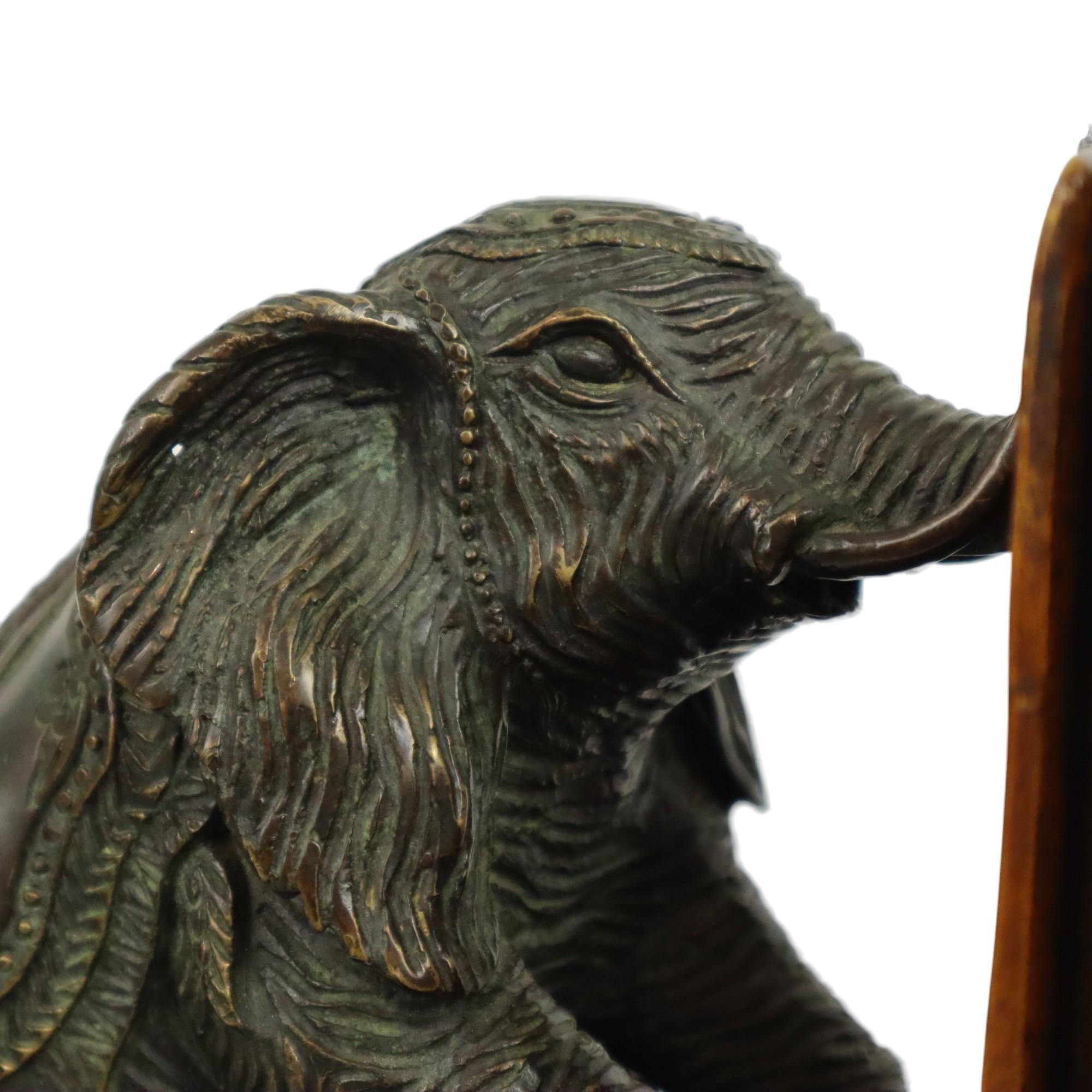 Vintage Pair Bookends Elephant Patinated Bronze Wood Leather For Sale 7