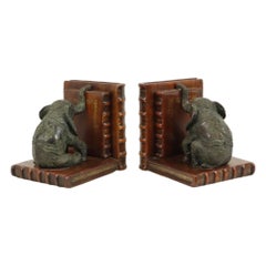 Vintage Pair Bookends Elephant Patinated Bronze Wood Leather