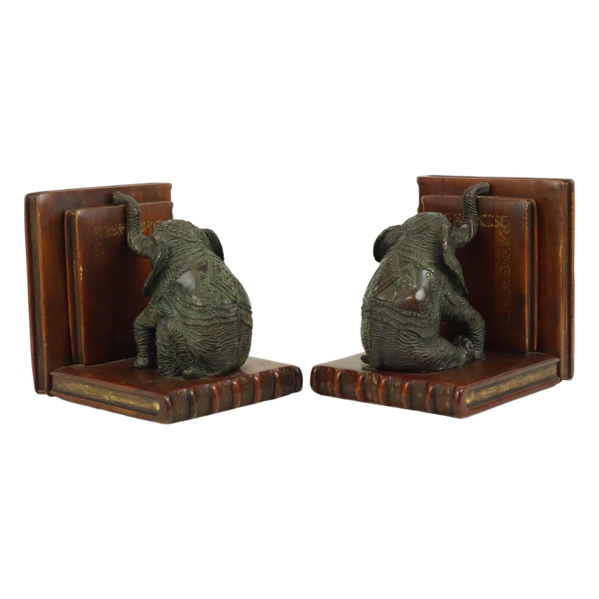 Vietnamese Vintage Pair Bookends Elephant Patinated Bronze Wood Leather For Sale