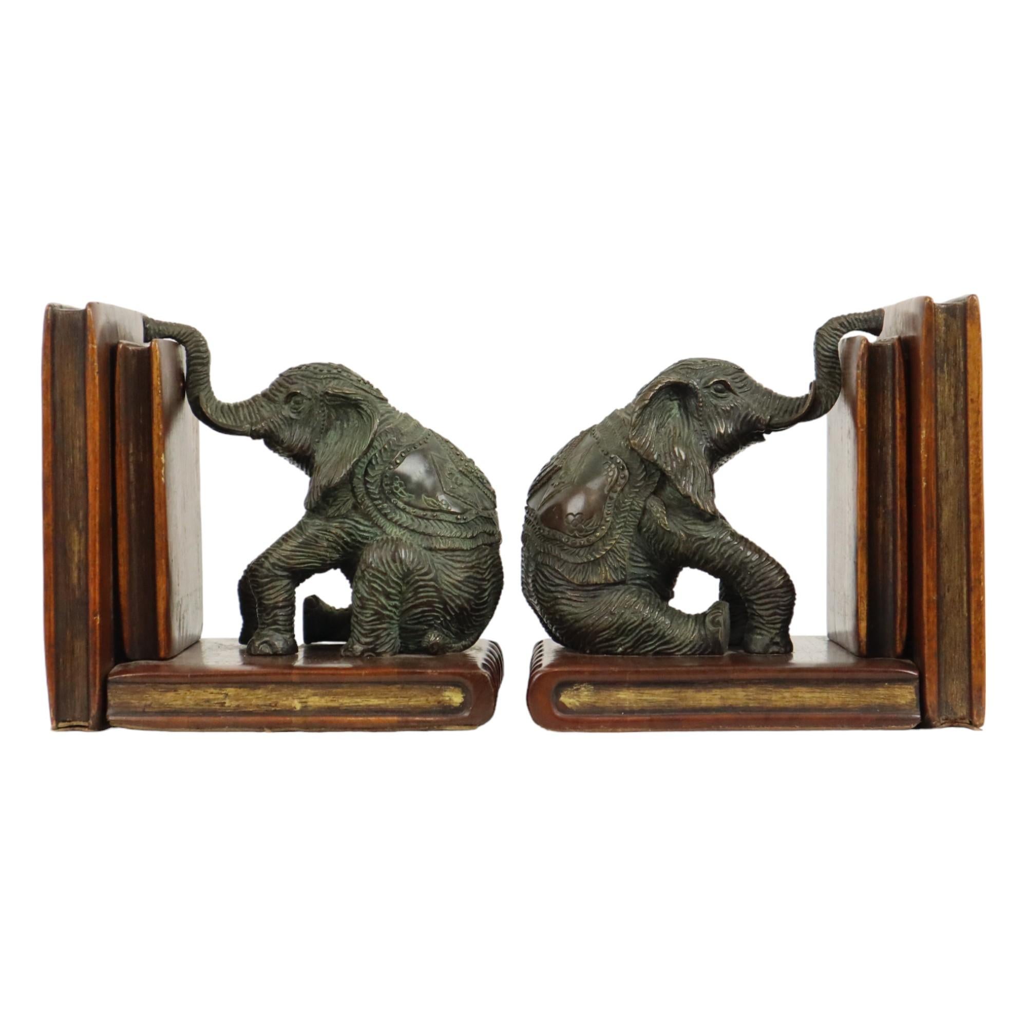 Late 20th Century Vintage Pair Bookends Elephant Patinated Bronze Wood Leather For Sale