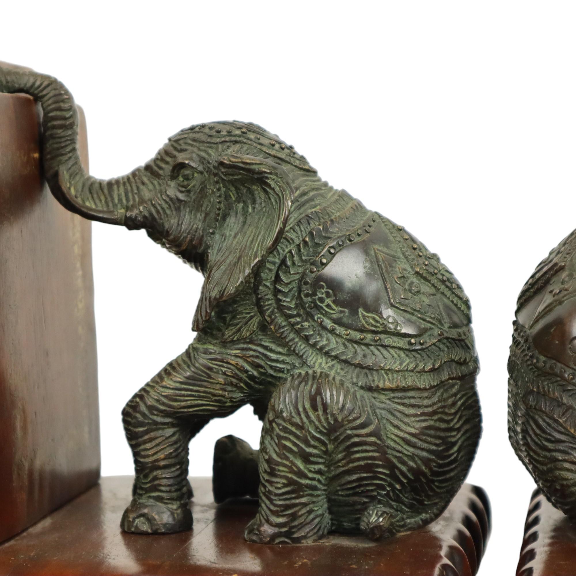 Vintage Pair Bookends Elephant Patinated Bronze Wood Leather For Sale 2