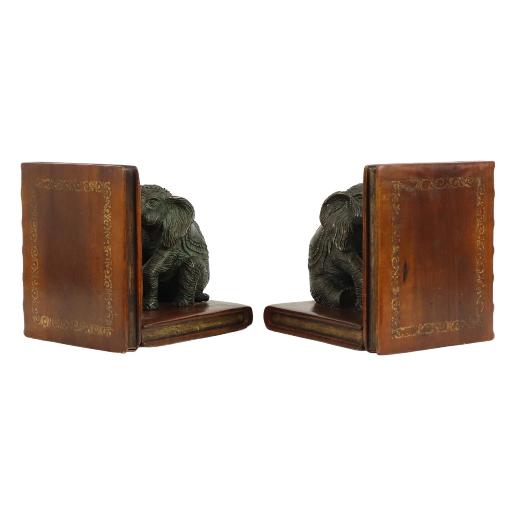 Vintage Pair Bookends Elephant Patinated Bronze Wood Leather For Sale 3