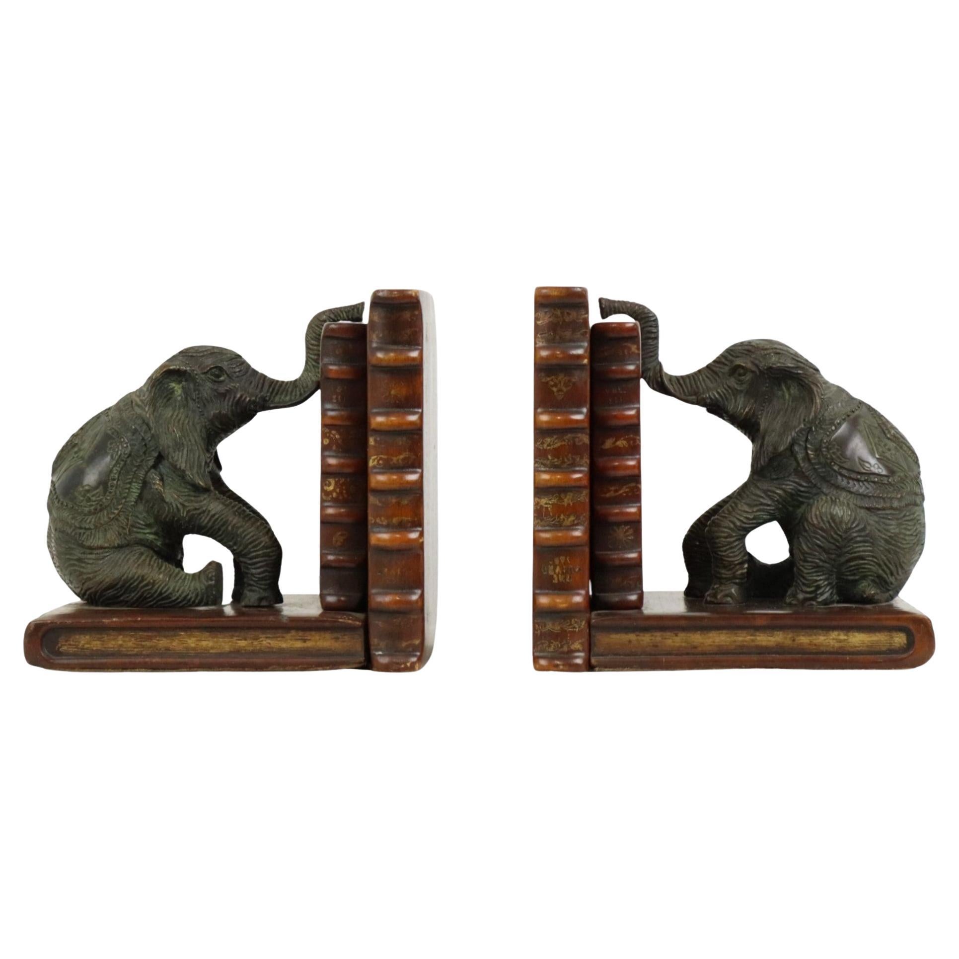 Vintage Pair Bookends Elephant Patinated Bronze Wood Leather
