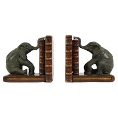 Vintage Pair Bookends Elephant Patinated Bronze Wood Leather