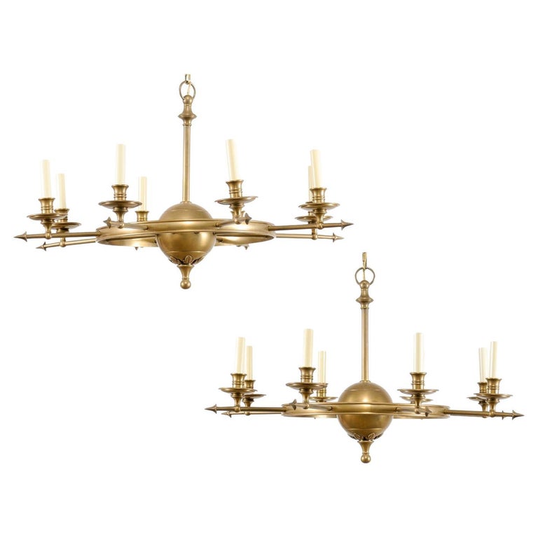 Vintage Pair Brass 8Light Chandeliers, Ring w/Orb Center and Arrow